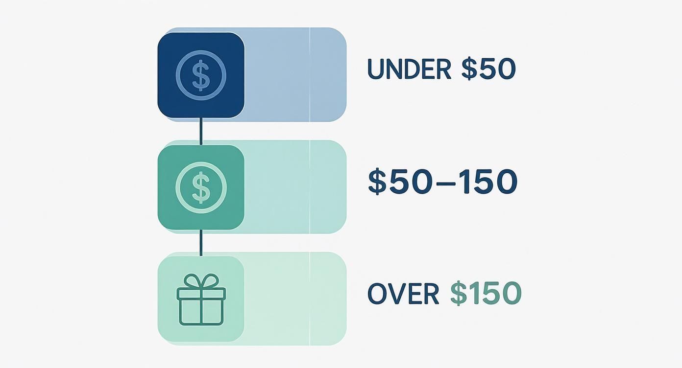 Infographic decision tree showing mum to be present ideas for budgets under $50, between $50-150, and over $150.