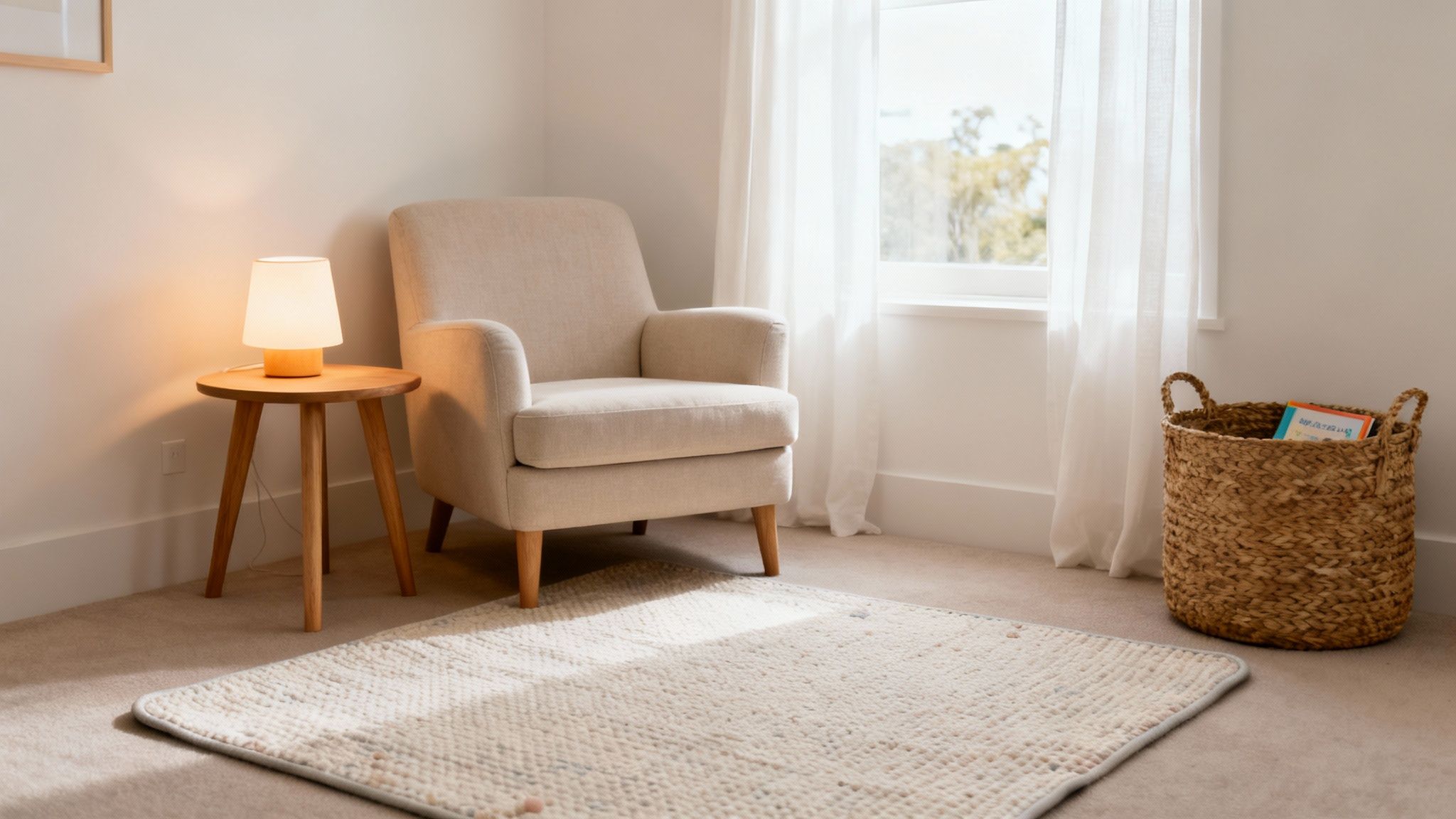 A cozy nursery corner with a comfortable beige armchair, side table, lamp, and a basket of books.