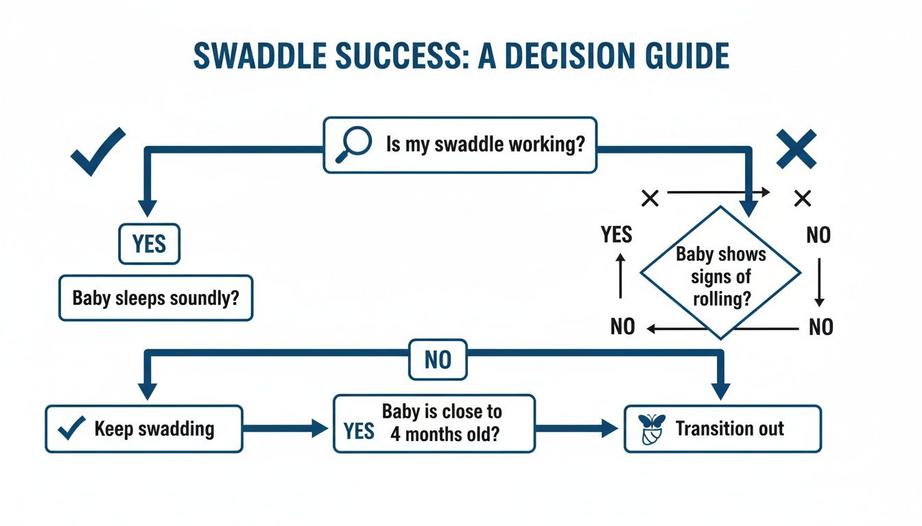 A swaddle success decision guide flowchart for parents, outlining when to keep swaddling or transition out.