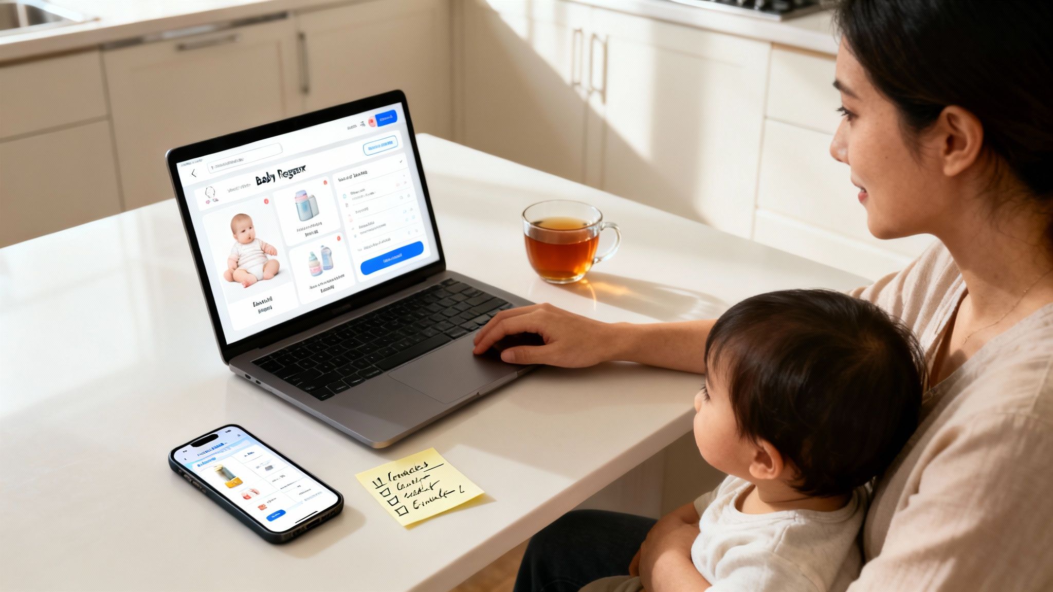 Mother and baby shopping for baby registry items on a laptop and smartphone.