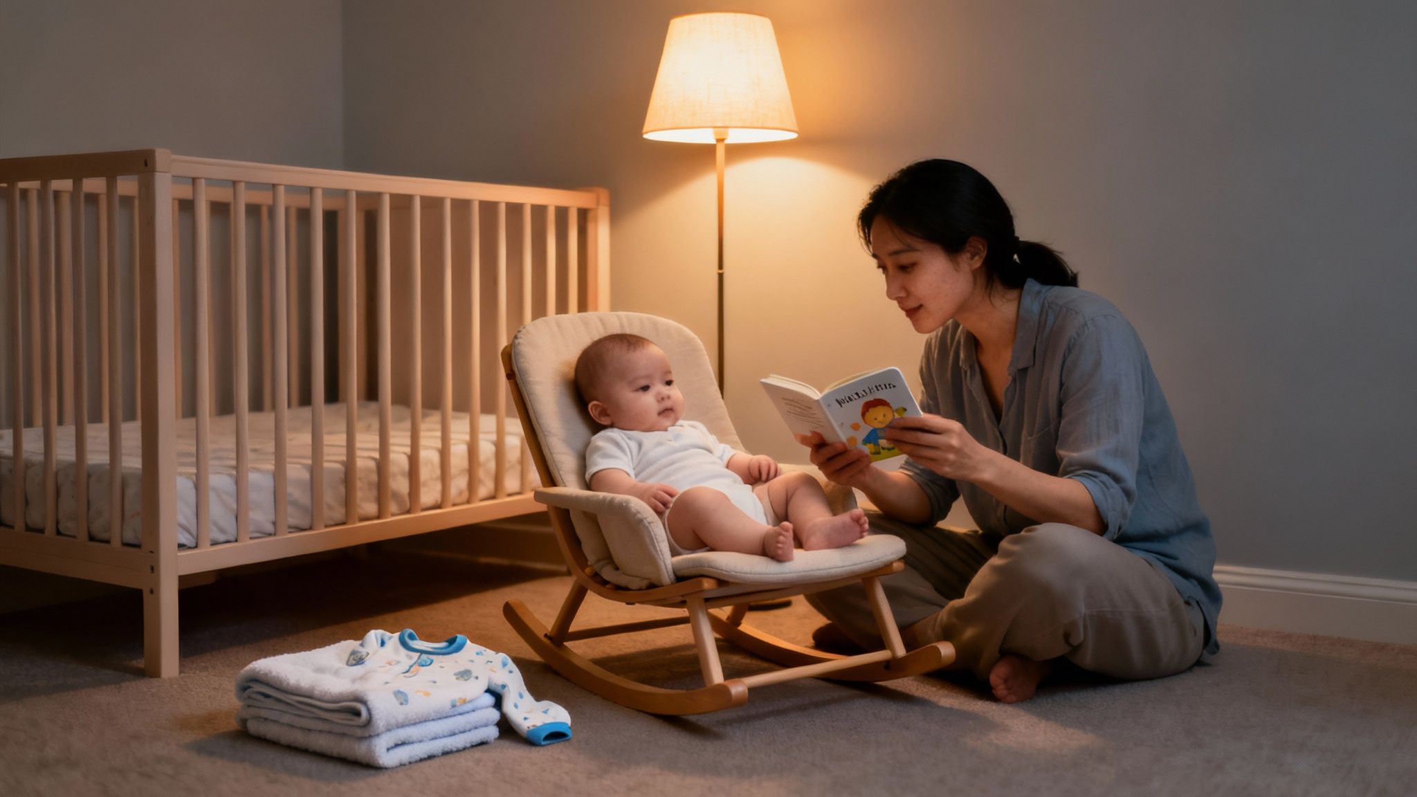 A mother lovingly reads a bedtime story to her baby in a cozy nursery.