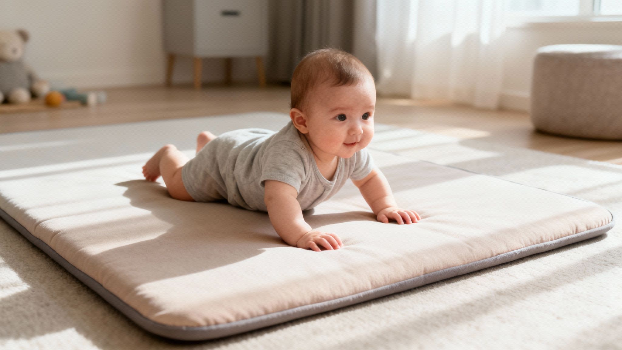 Smiling baby in a grey onesie on a beige play mat doing tummy time in a sunny room.