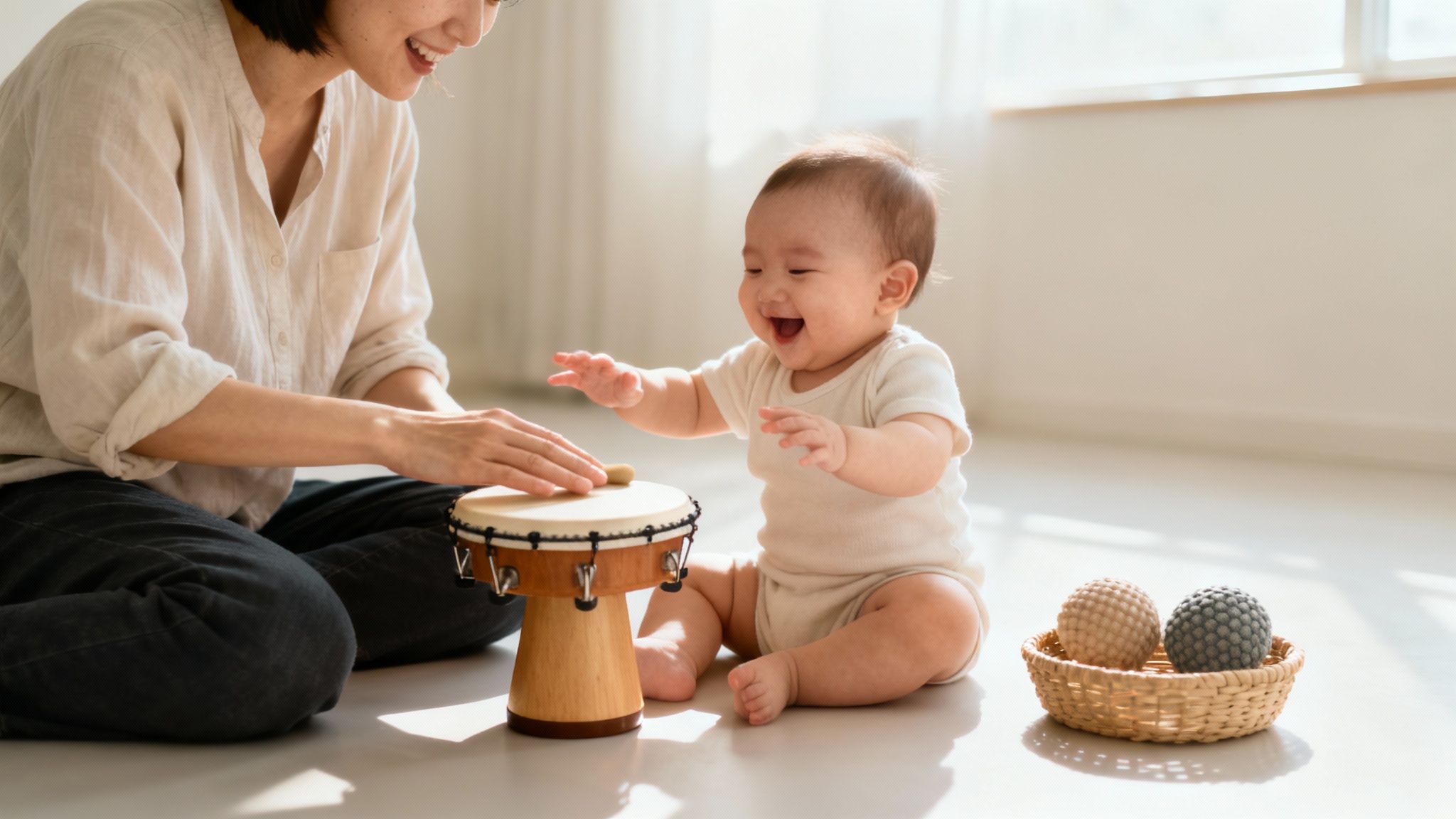 A baby and parent playing together with musical instruments on a play mat.