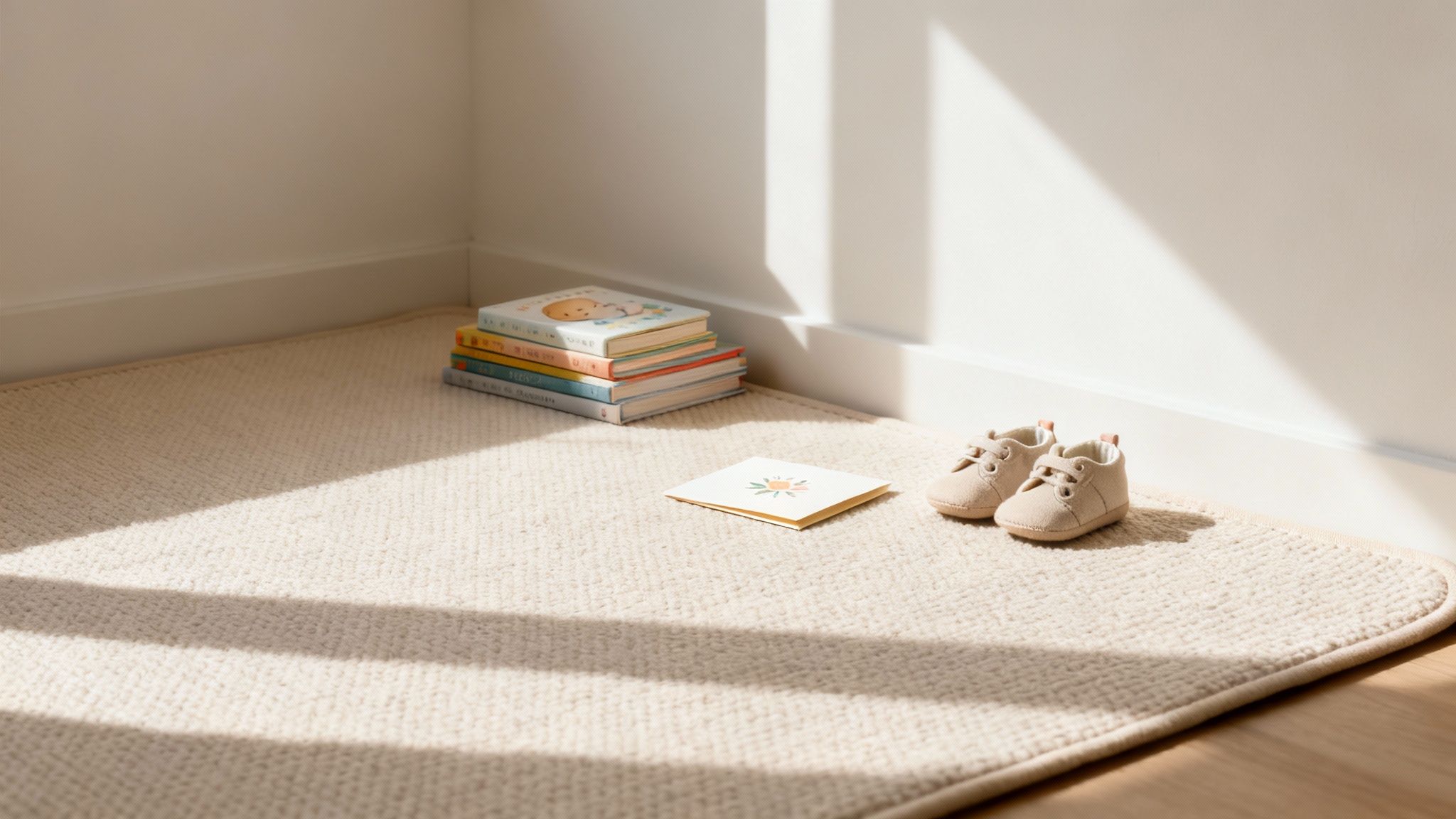 Sunlit scene with baby books, a small card, and cute tiny shoes on a cream rug.