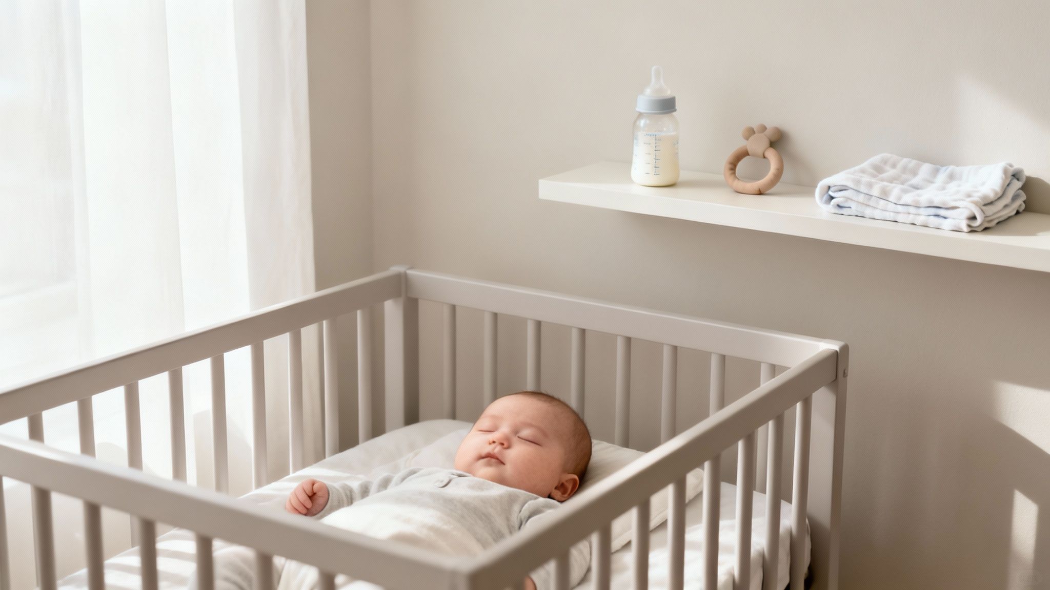 A baby peacefully sleeping in a light gray crib, with baby essentials on a shelf nearby.