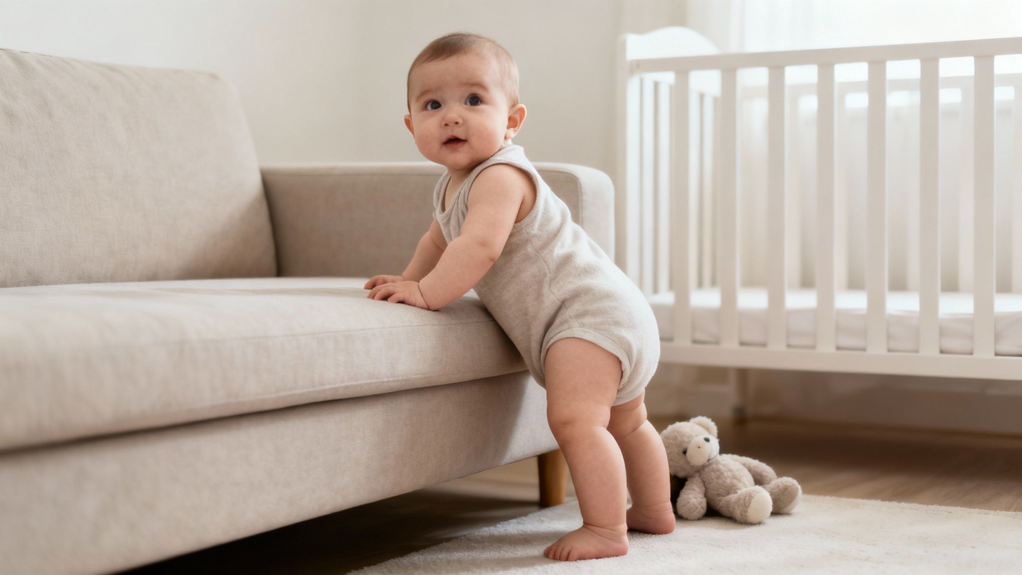 An adorable baby learning to stand, holding onto a sofa in a bright nursery.