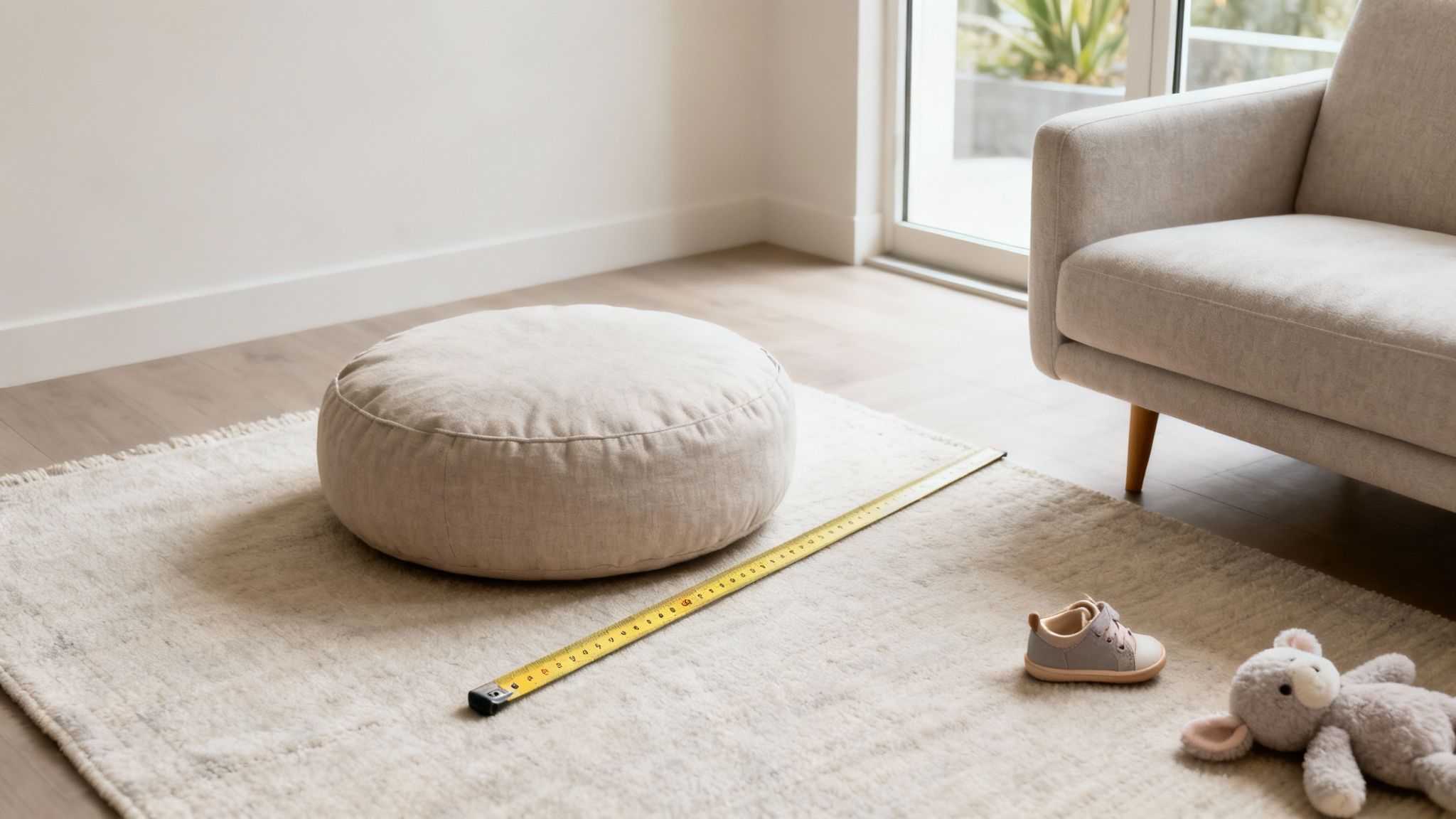 A light neutral round floor cushion on a rug with a measuring tape, baby shoe, and toy.