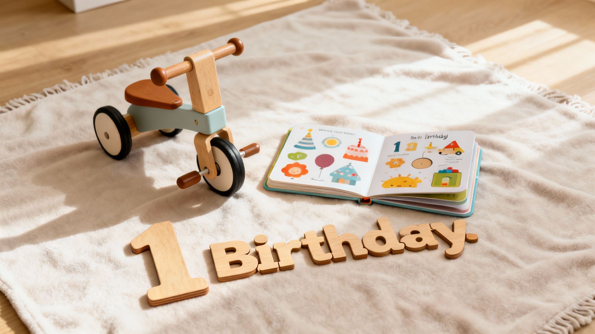 A happy one-year-old child plays with colourful blocks.