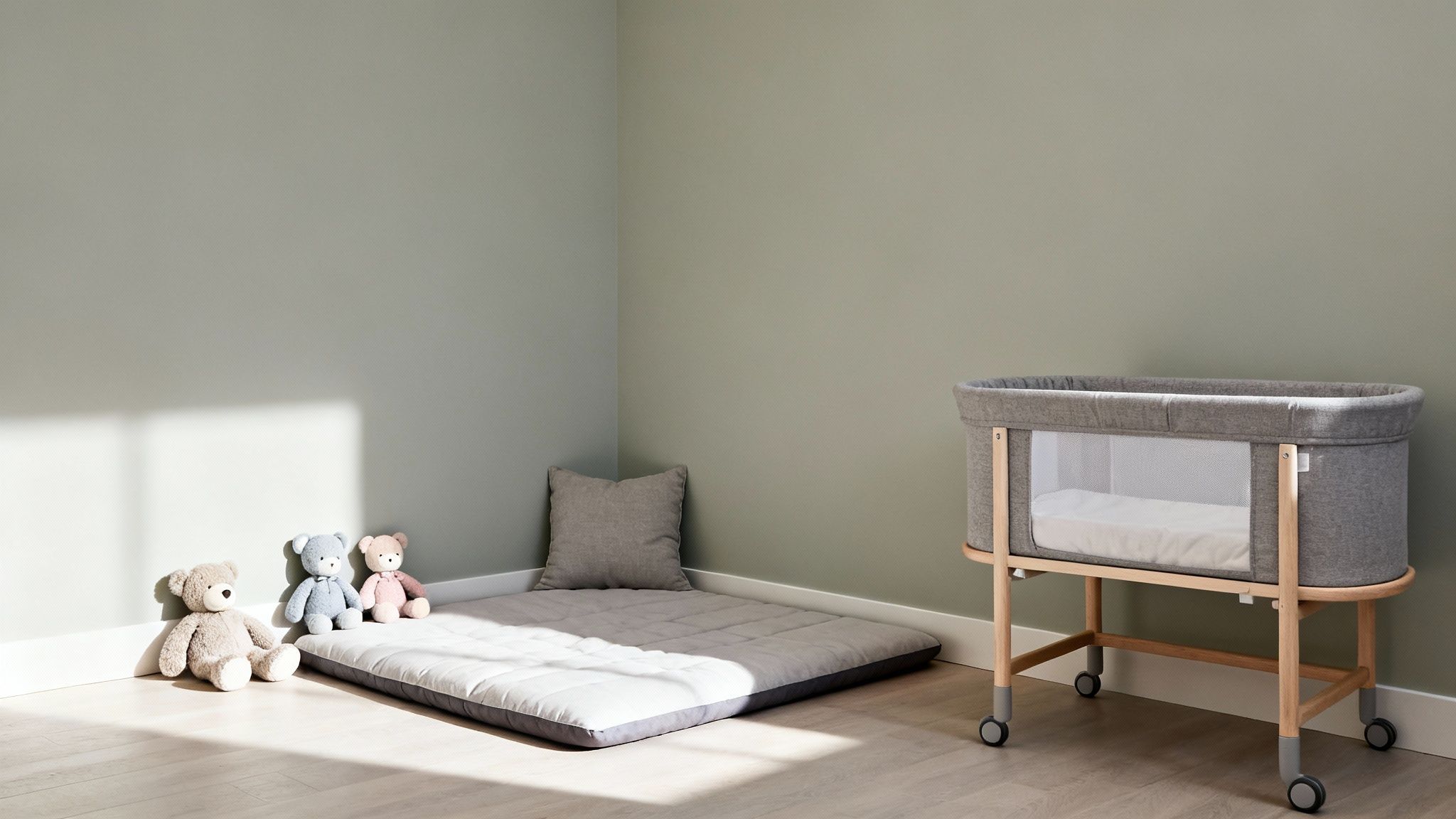 A serene nursery room with a gray bassinet, floor mattress, and three teddy bears by a sunlit wall.