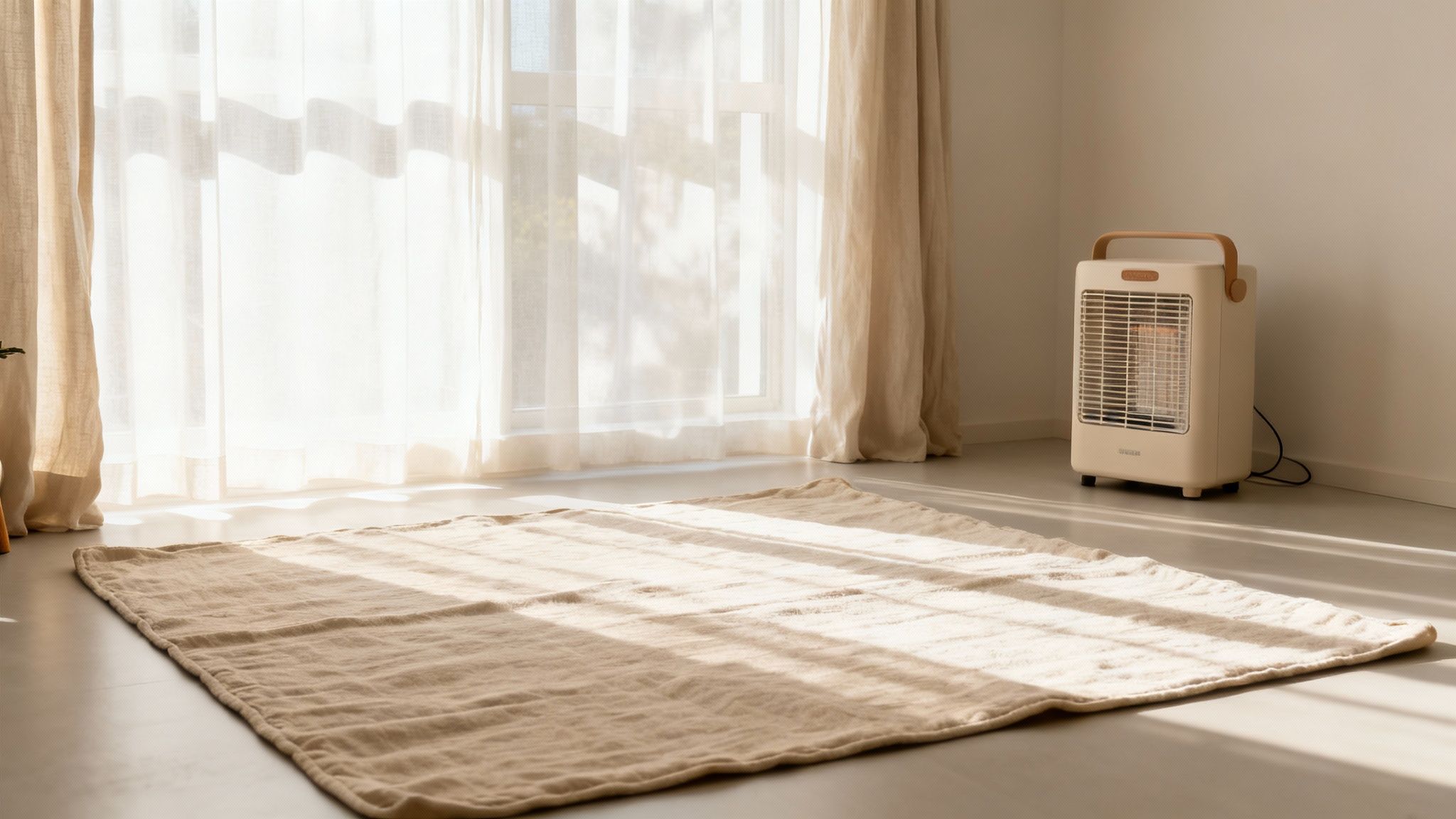 A bright, minimalist room with a beige rug, sheer curtains, and a modern portable electric heater.