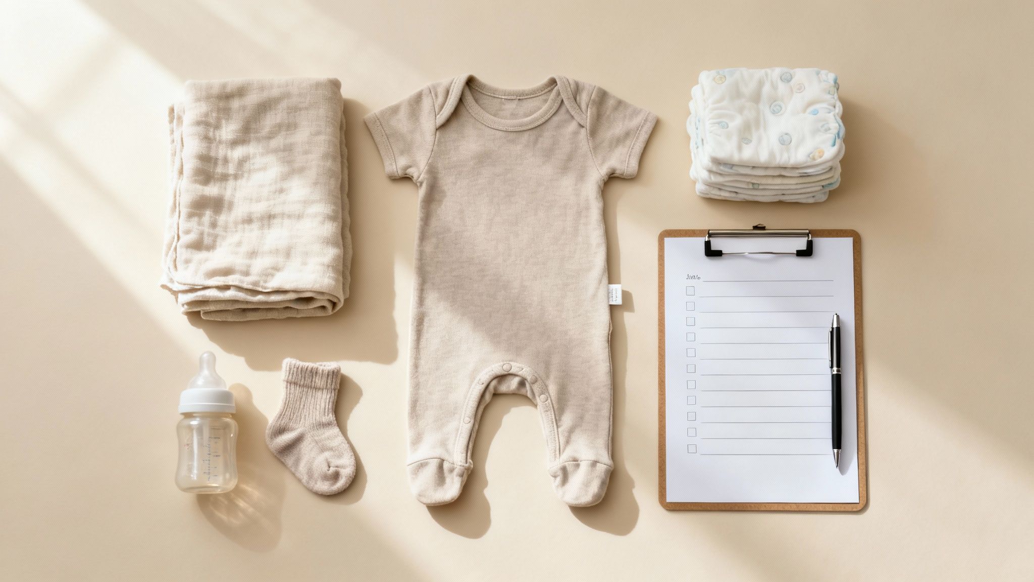 Flat lay of neutral baby essentials, including a romper, diapers, blanket, bottle, and checklist on beige.