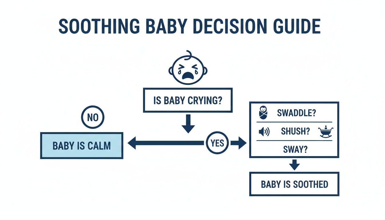 Flowchart illustrating a decision guide for soothing a crying baby with options like swaddle, shush, and sway.