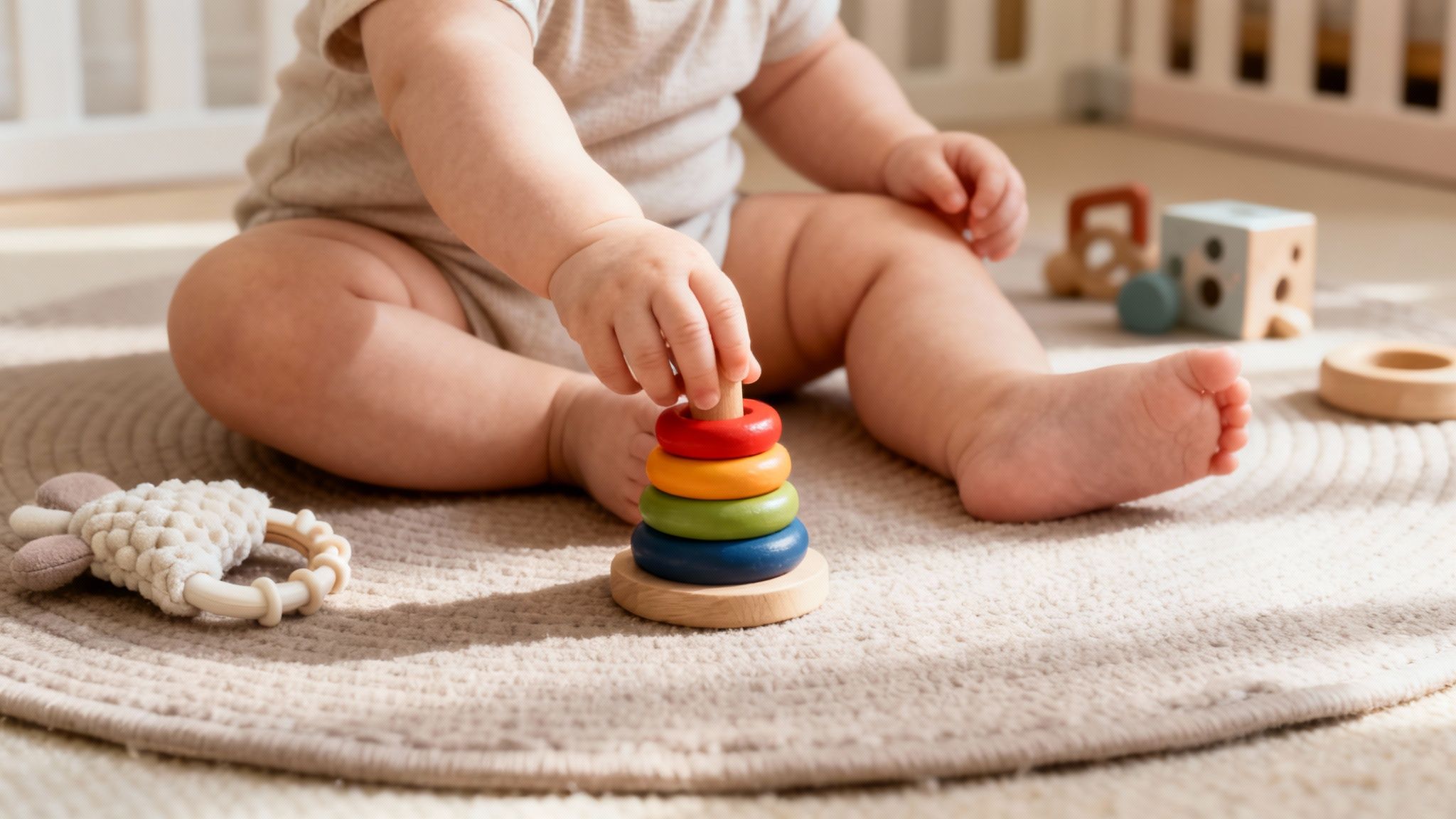 A baby sits on a soft rug, stacking colorful wooden rings, with other sensory toys nearby.