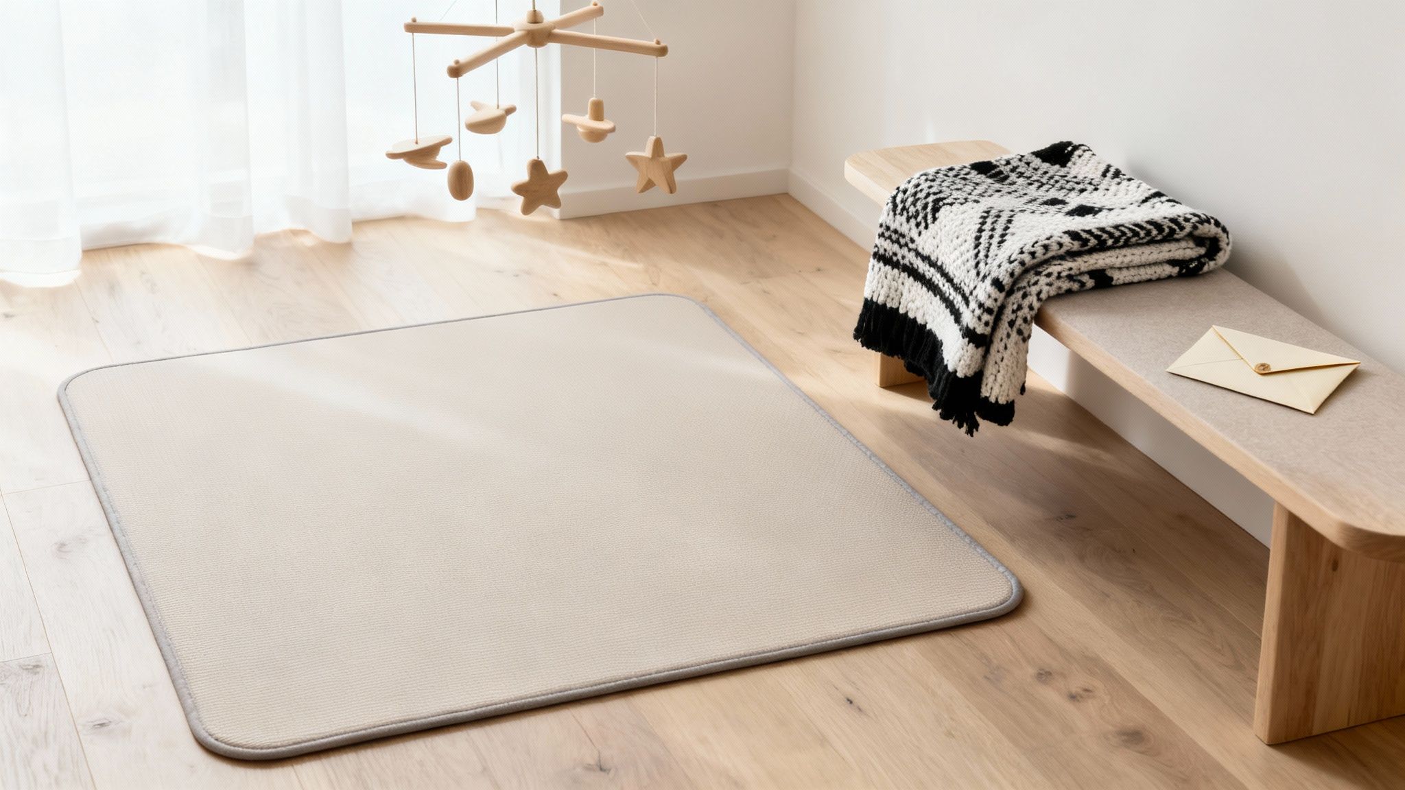 A serene nursery room with a light rug, wooden mobile, bench with blanket, and an envelope.