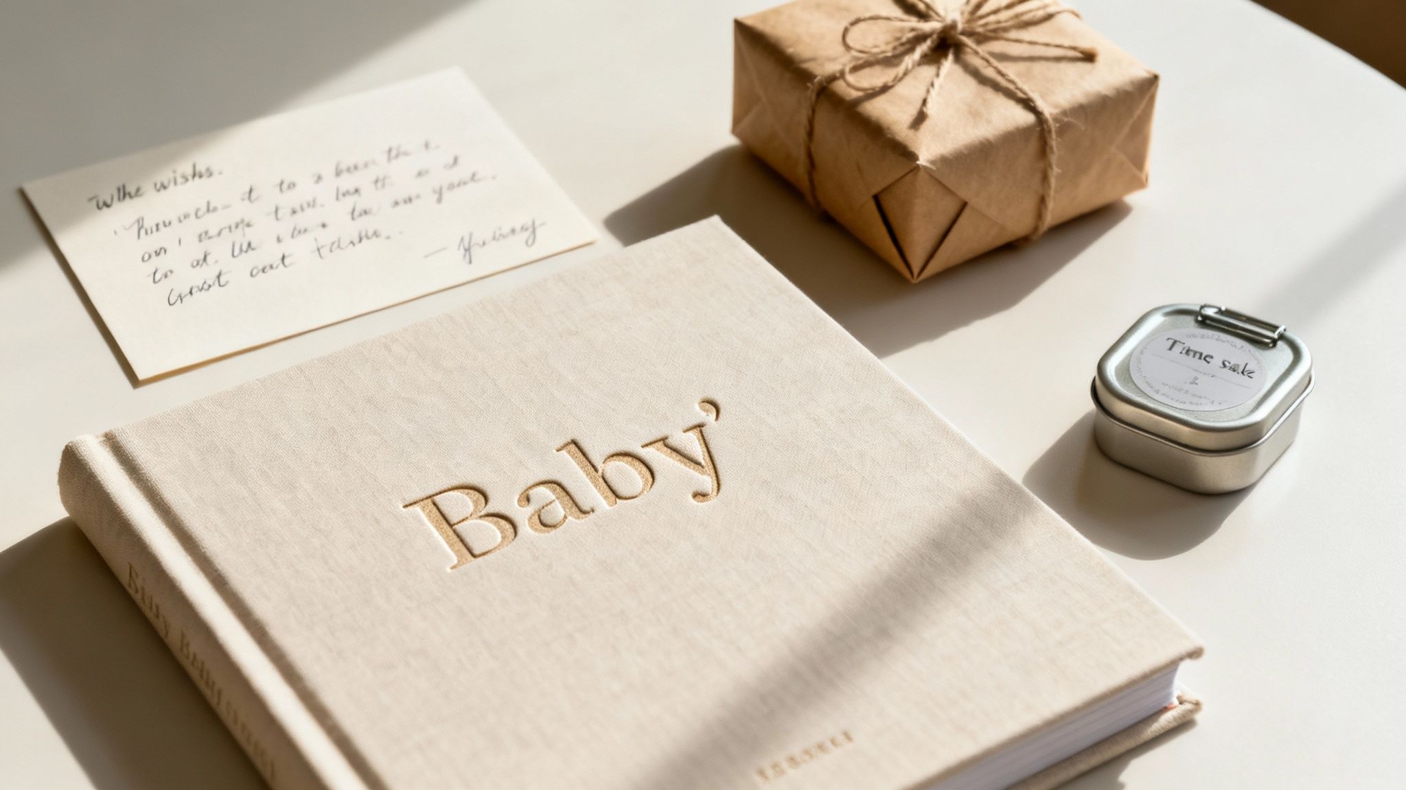 A thoughtfully wrapped gift with a handwritten card and a sprig of eucalyptus