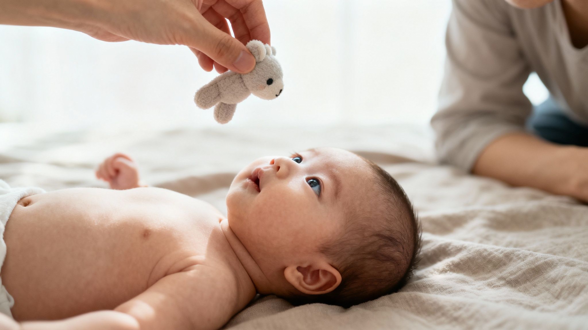 Close-up of a curious baby looking at a small teddy bear held by an adult.
