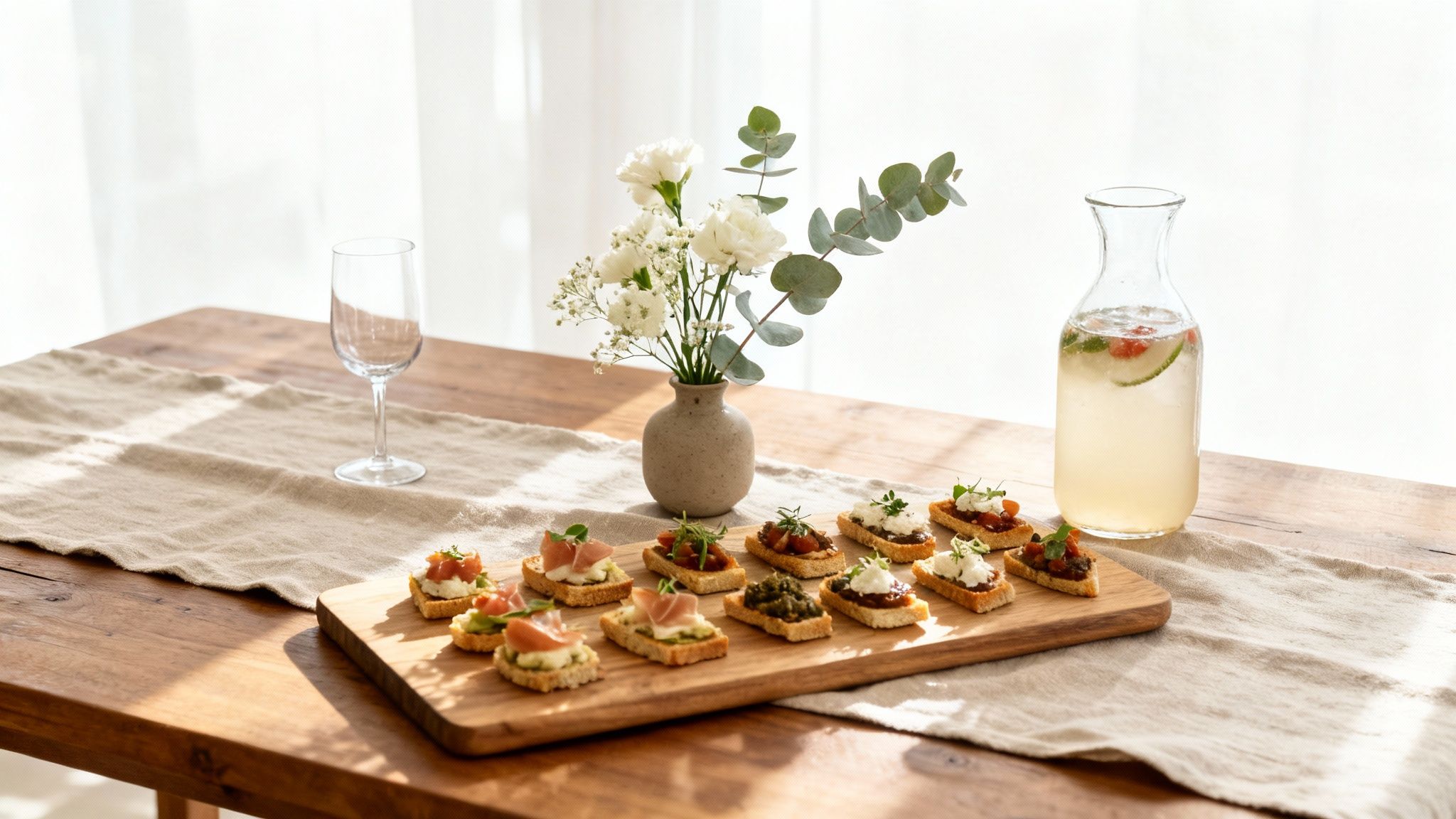 Delicious canapés, infused water, and a flower arrangement on a sunny wooden table.