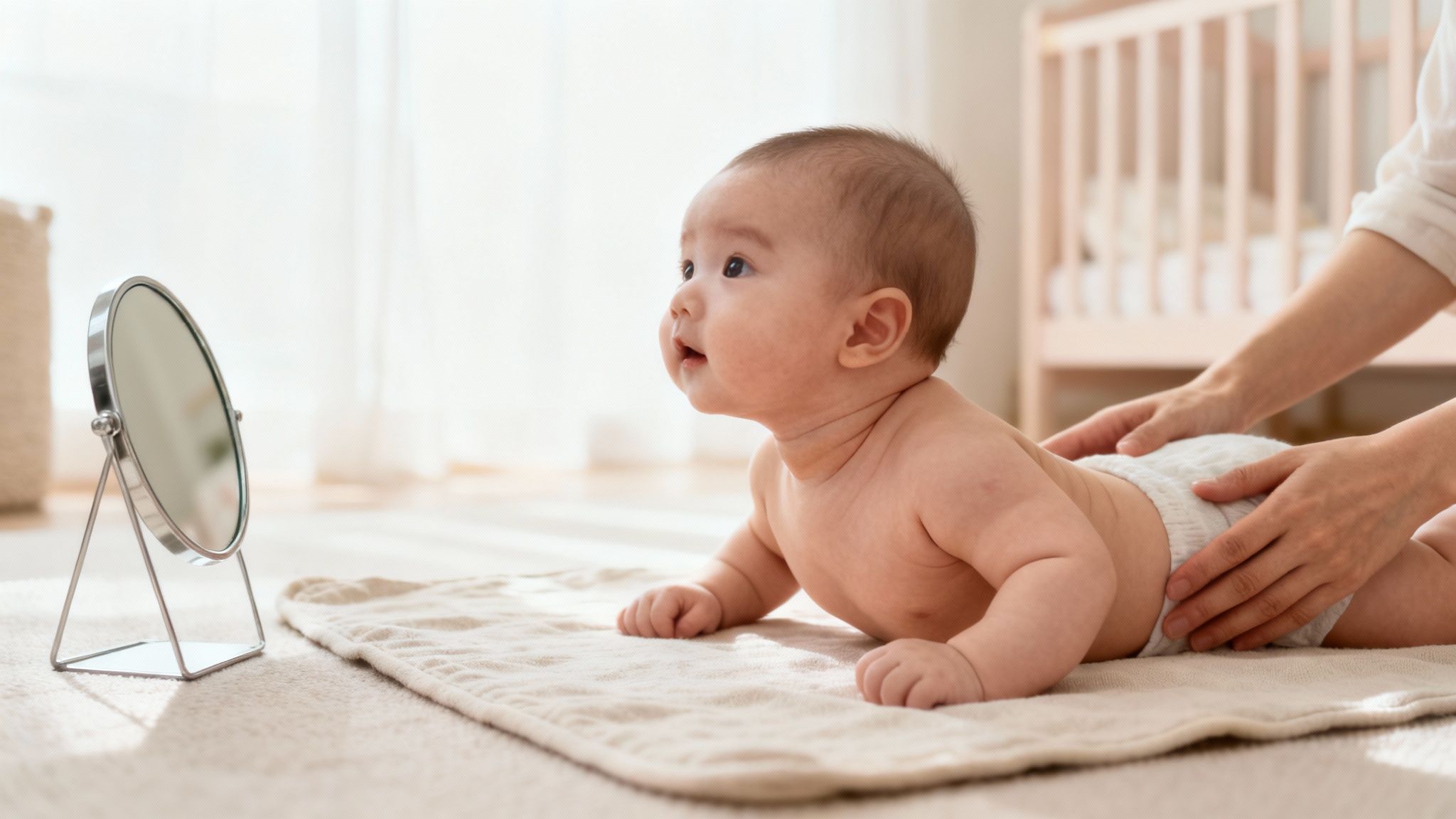 An adorable baby in a diaper doing tummy time on a mat, looking at a mirror, with a parent's hands.
