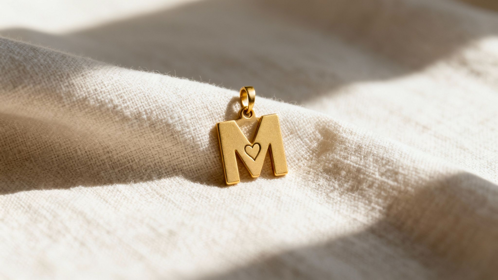 A close-up of a golden initial 'M' pendant with a heart design, resting on a textured cream fabric with sunlight.