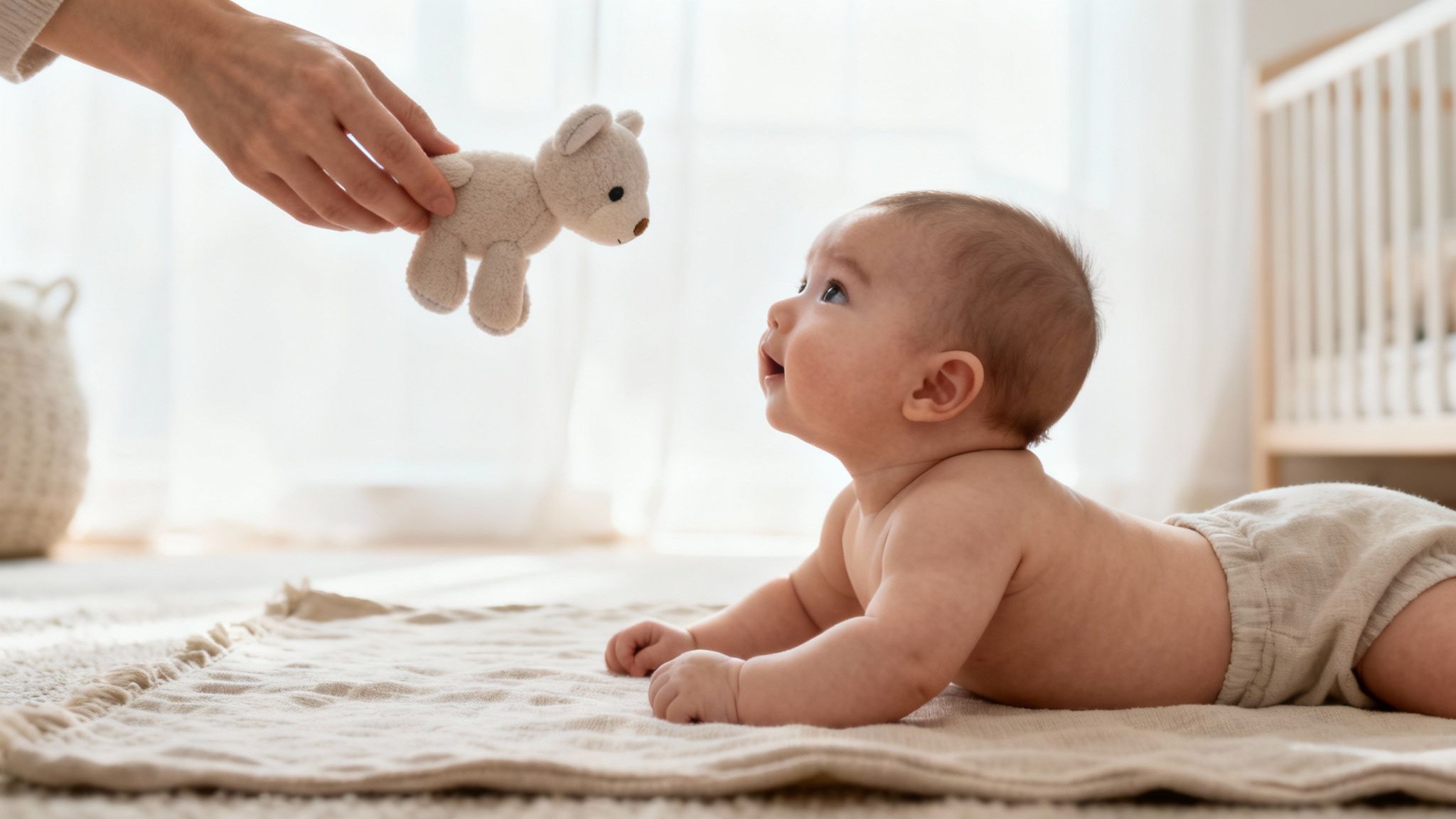 A cute baby doing tummy time on a rug, looking up at a teddy bear held by an adult hand.