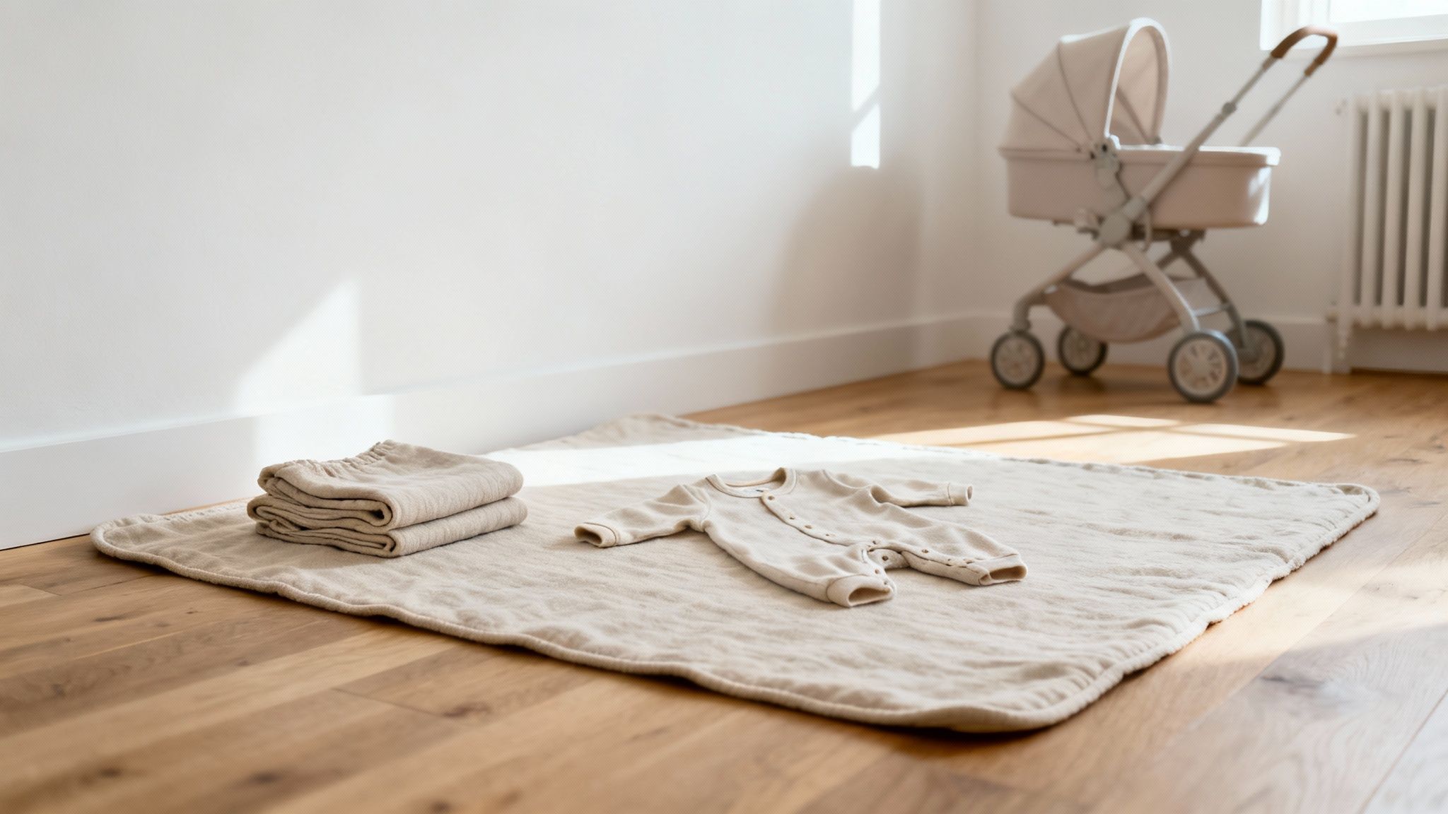 Neutral-toned baby clothes, including a onesie and folded fabric, on a blanket on a wooden floor with a stroller.