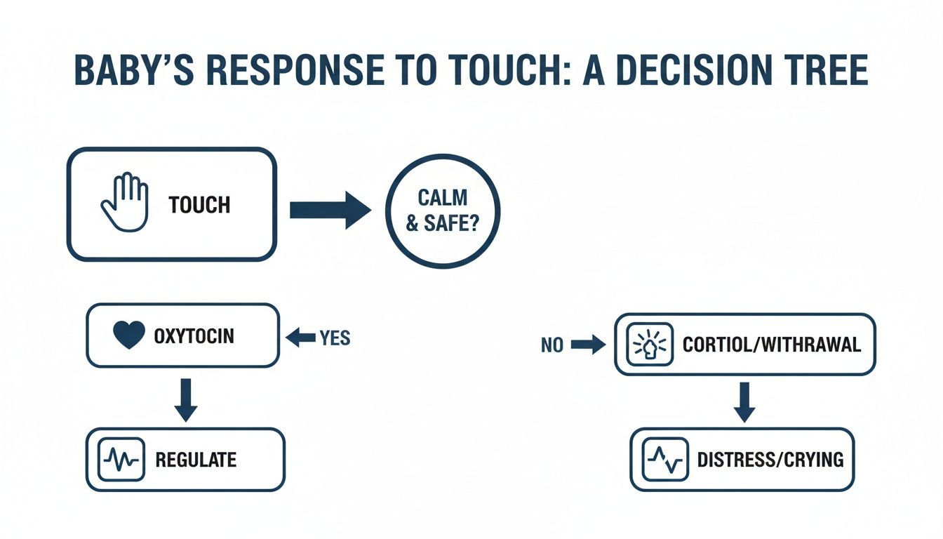 Flowchart showing a baby's response to touch: either regulation with oxytocin or distress with cortisol.