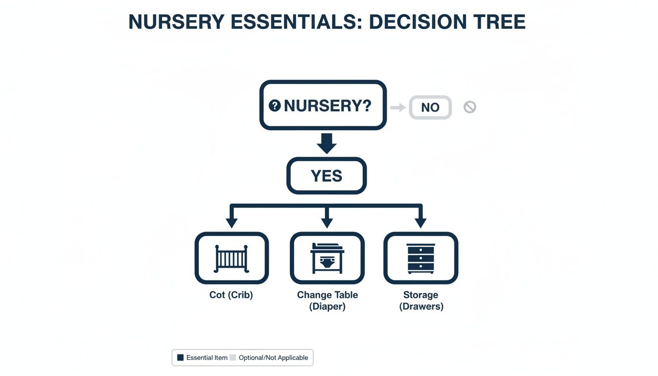 Decision tree diagram outlining essential items for a nursery: cot, change table, and storage.