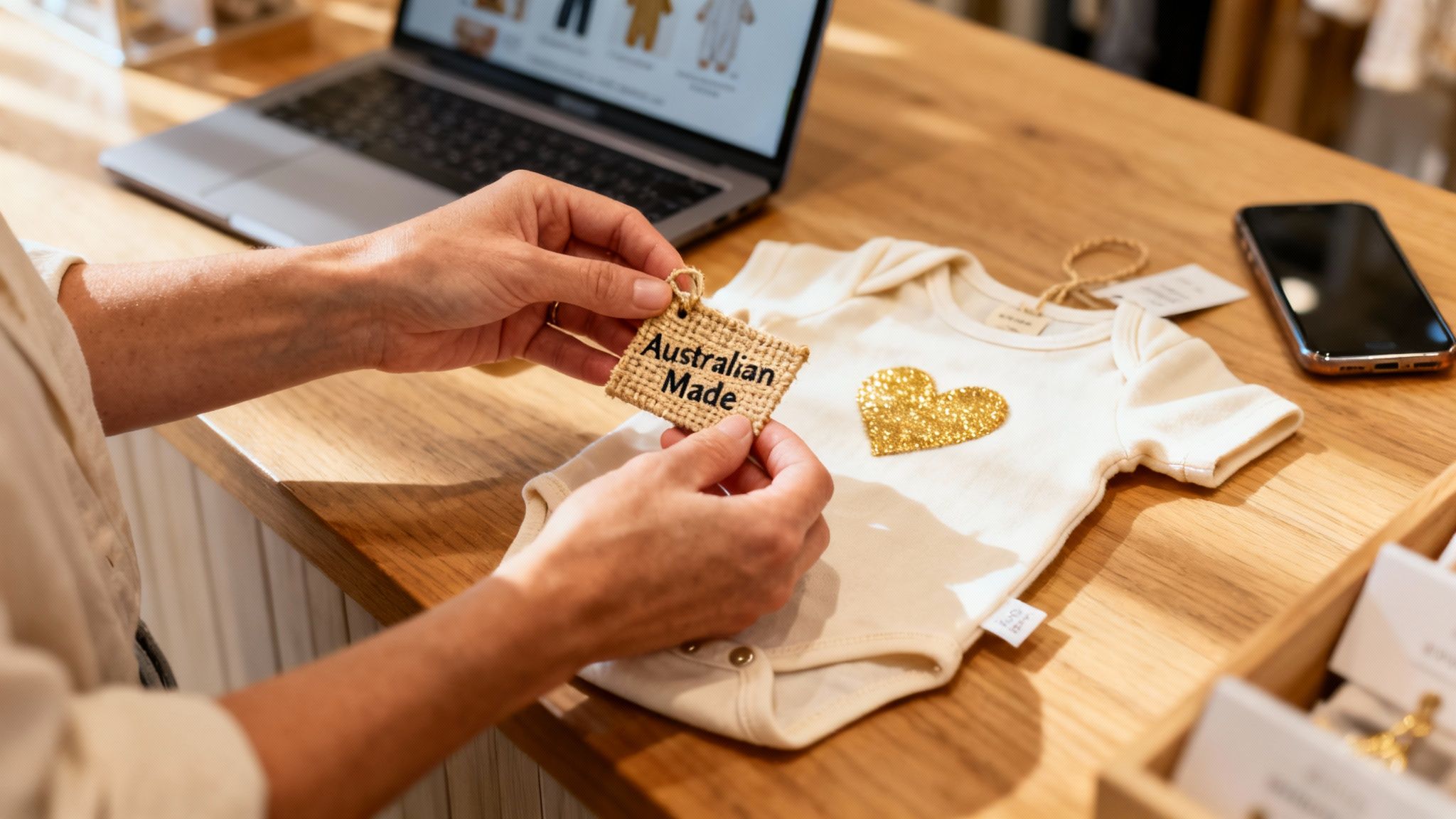 Close-up of hands holding an 'Australian Made' tag on a white baby onesie with a glitter heart.