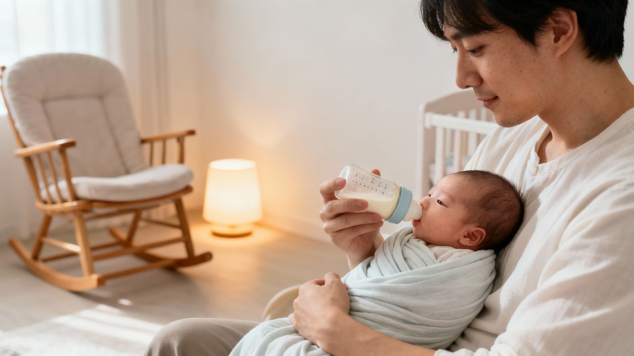 A loving Asian father bottle-feeding his swaddled baby in a bright nursery room.