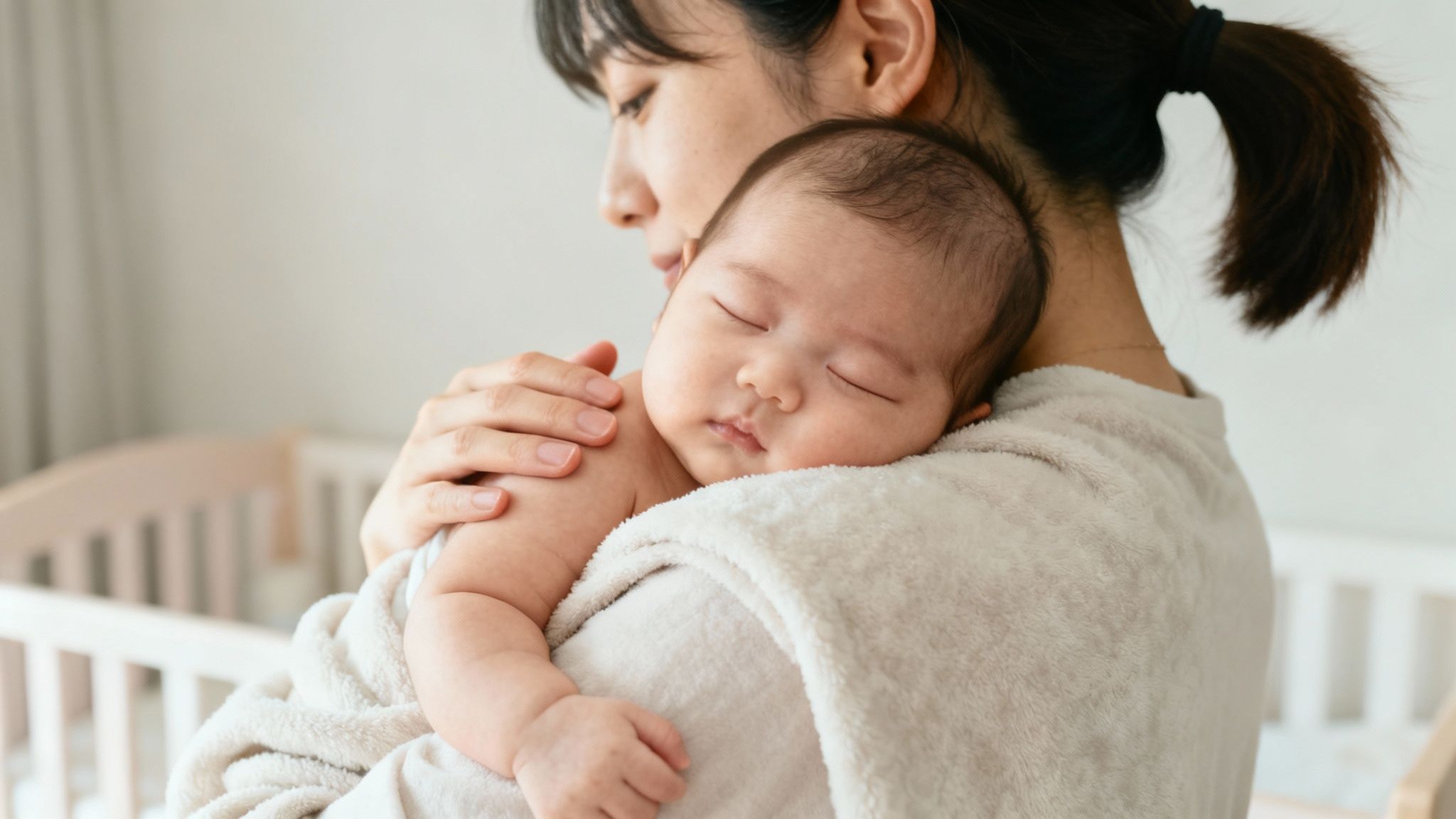 A loving mother gently holds her newborn baby, who is sleeping soundly on her shoulder.