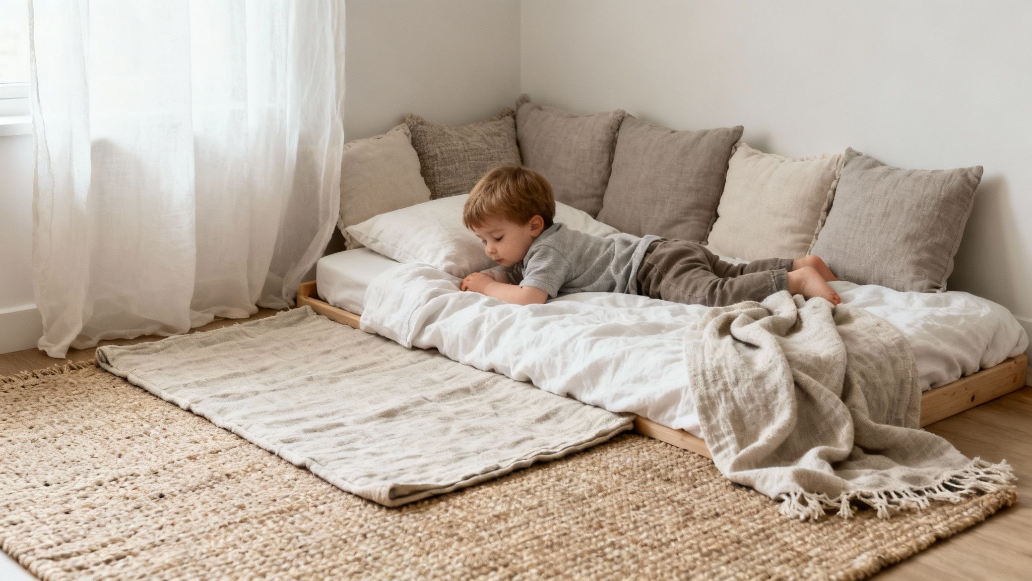 A cute toddler boy lies on a comfortable low floor bed in a minimalist, natural-toned bedroom.