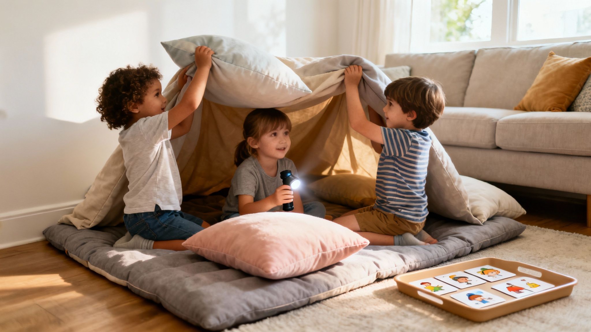 Three happy young children playing inside a cozy pillow fort with a lit flashlight.