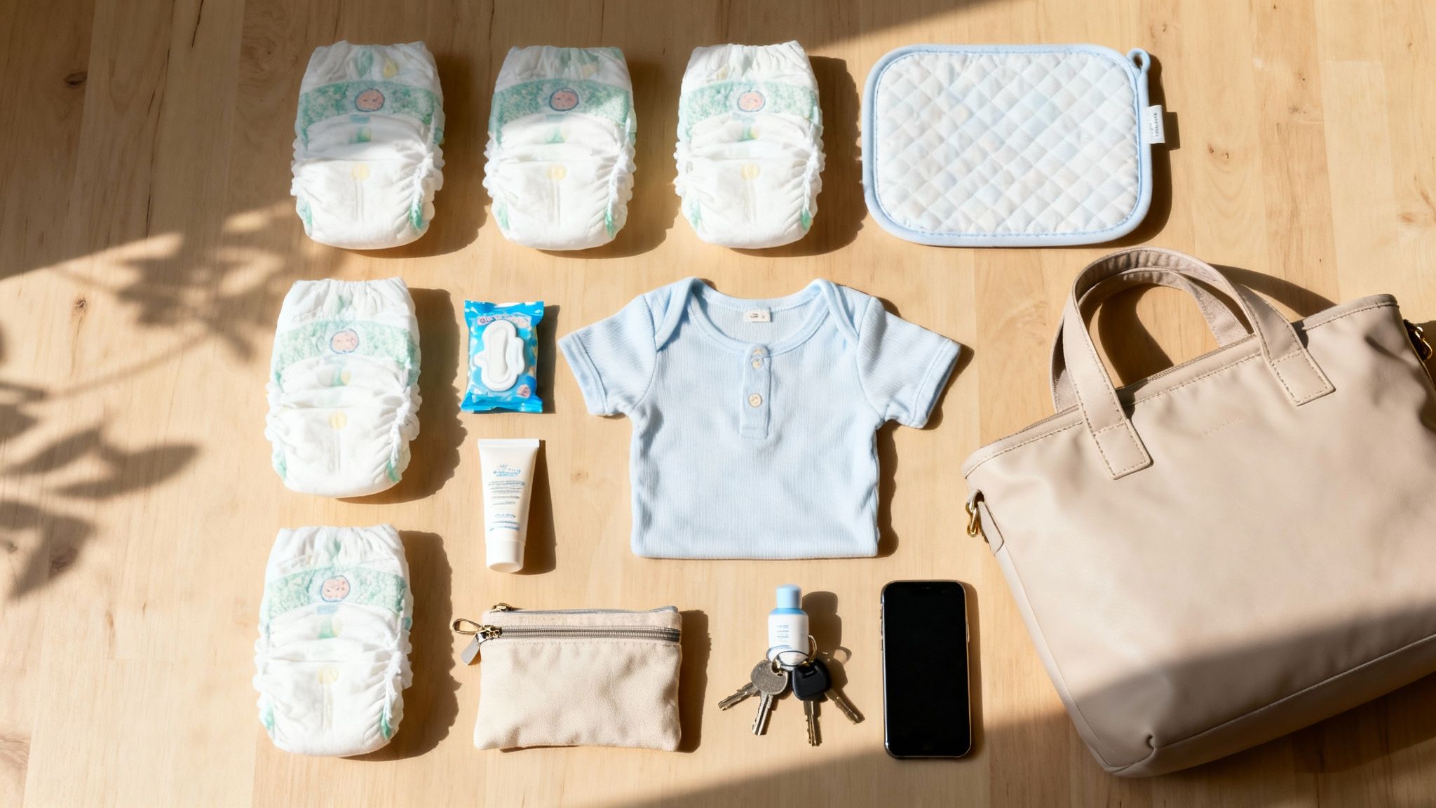 An organized flat lay showing baby diapers, a blue onesie, wipes, cream, and a nappy bag.