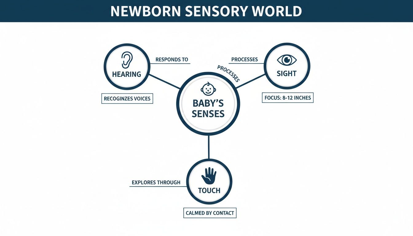 A diagram illustrating a newborn's sensory world, detailing hearing, sight, and touch development and responses.
