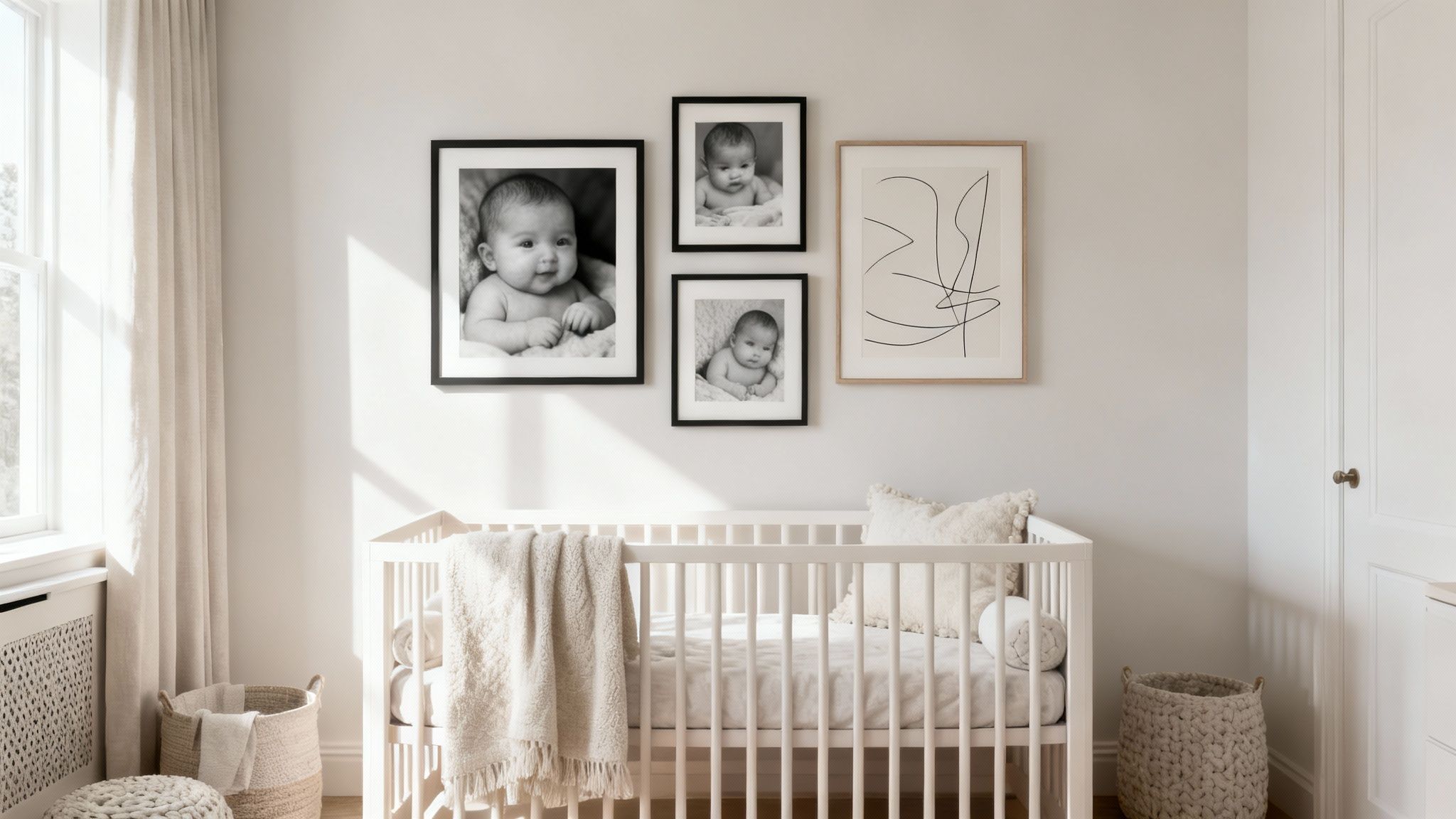 A serene nursery features a white crib with neutral decor, and a gallery wall displaying black and white baby photos.