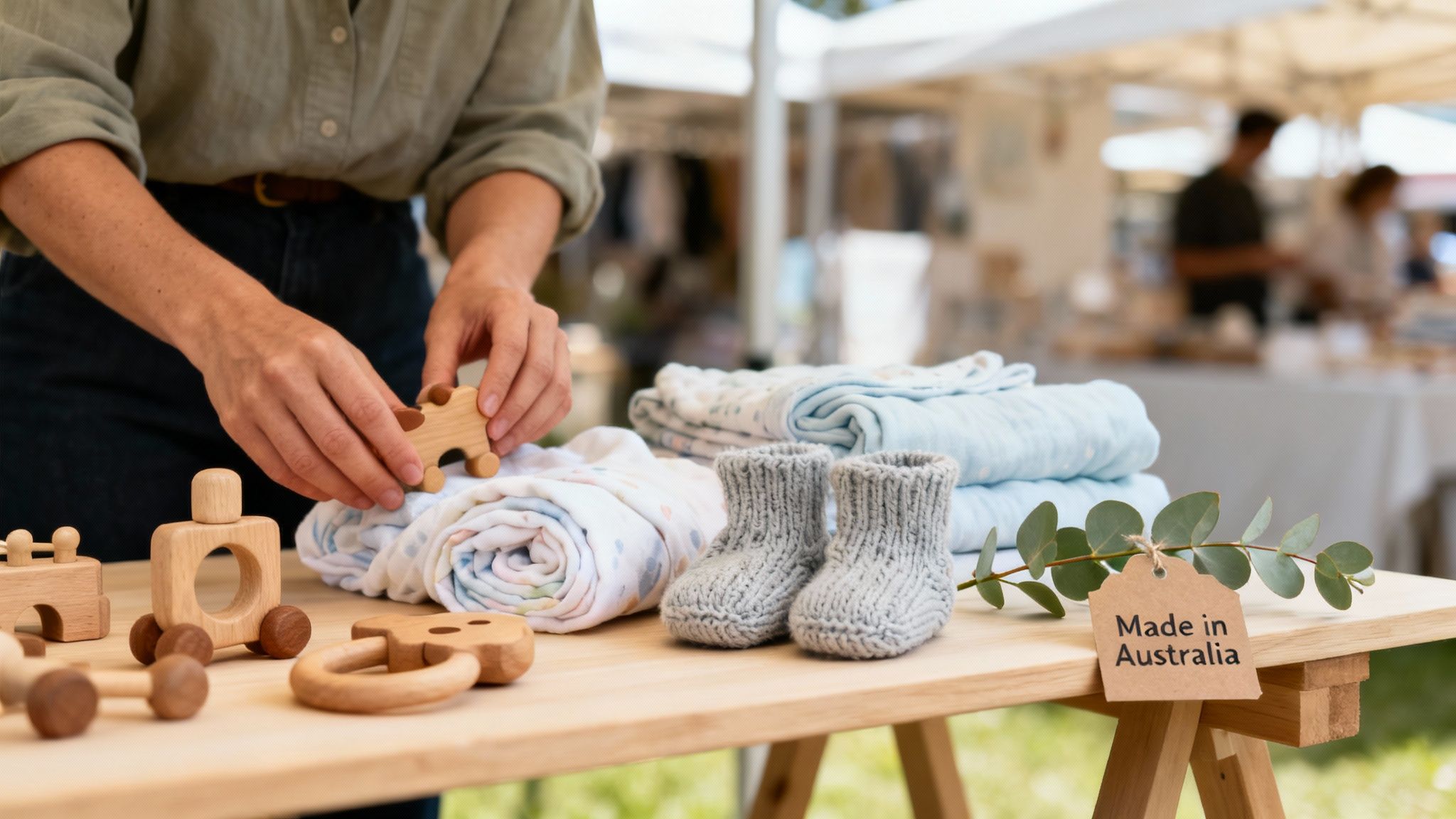 A selection of unique baby gifts from local Australian artisans displayed in a boutique.