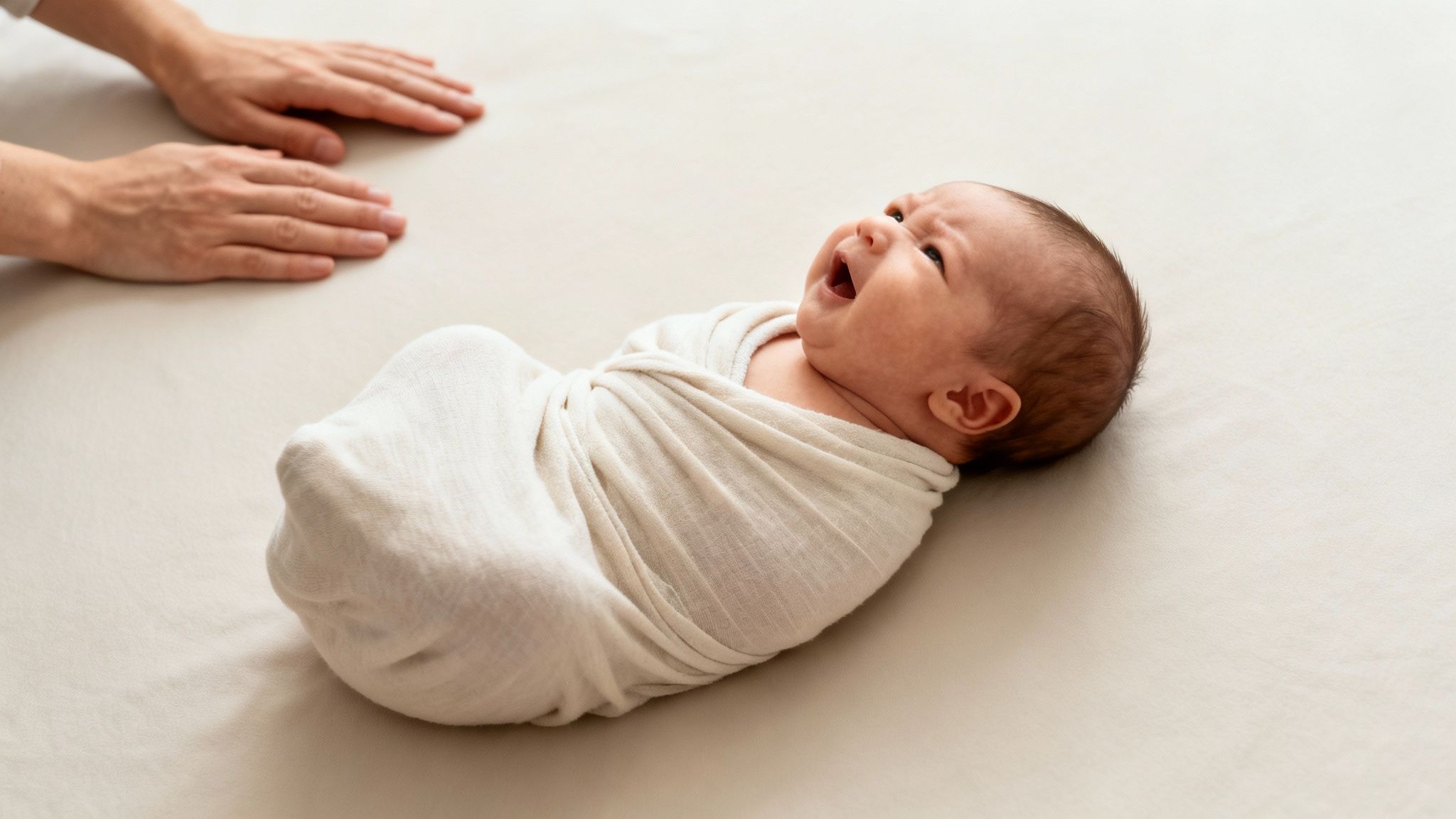 A swaddled newborn baby lies on a bed, crying with an open mouth, next to adult hands.