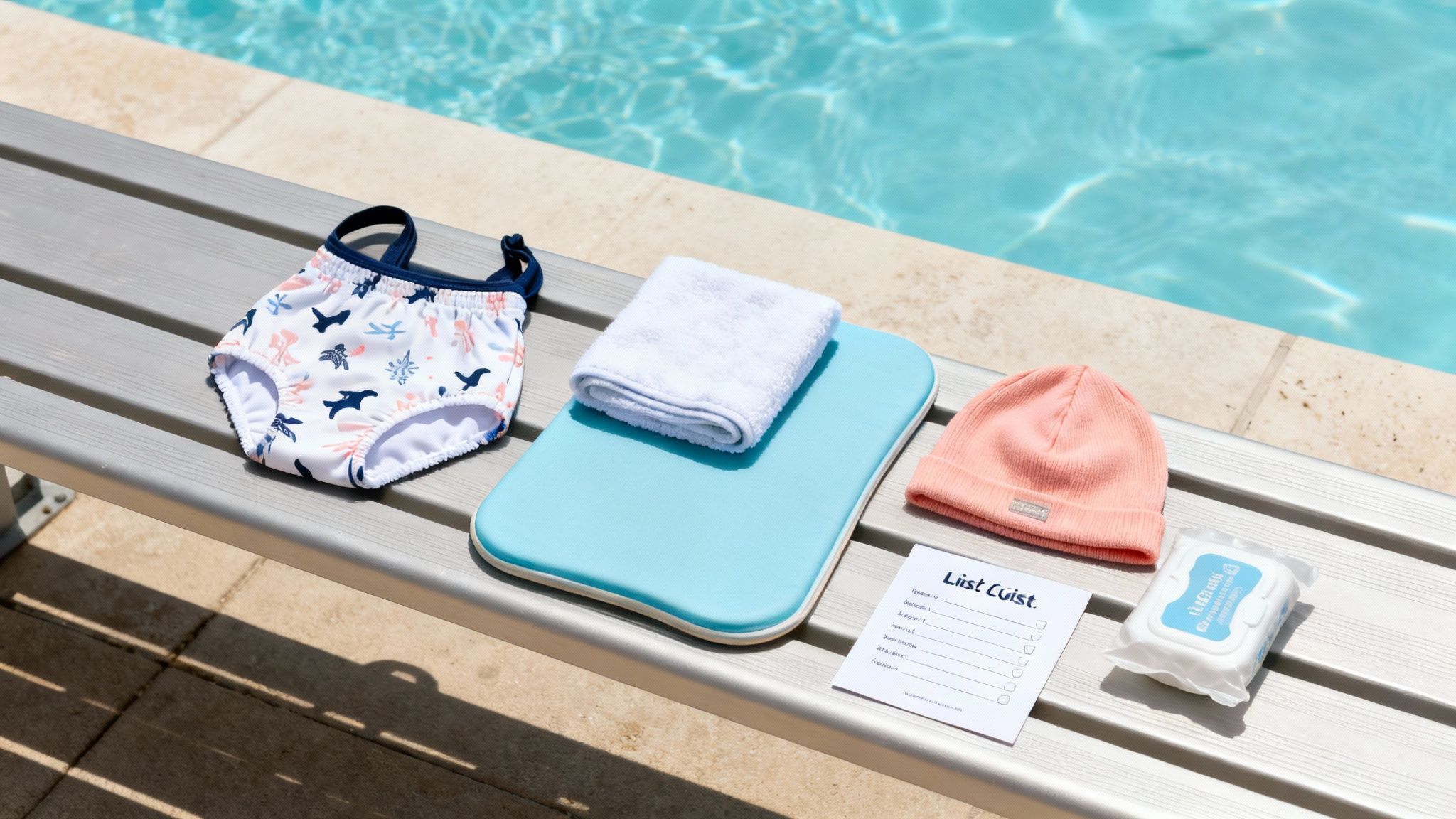 Baby swim essentials: swimsuit, towel, changing mat, hat, and wipes by a bright pool.