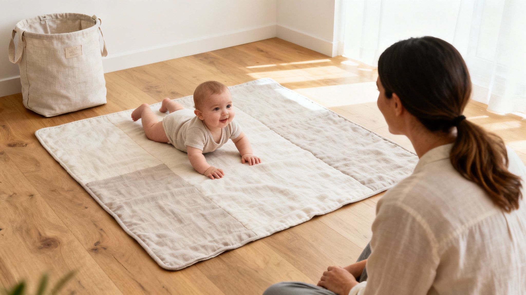 A happy baby on a neutral play mat looks at a mother on a wooden floor.