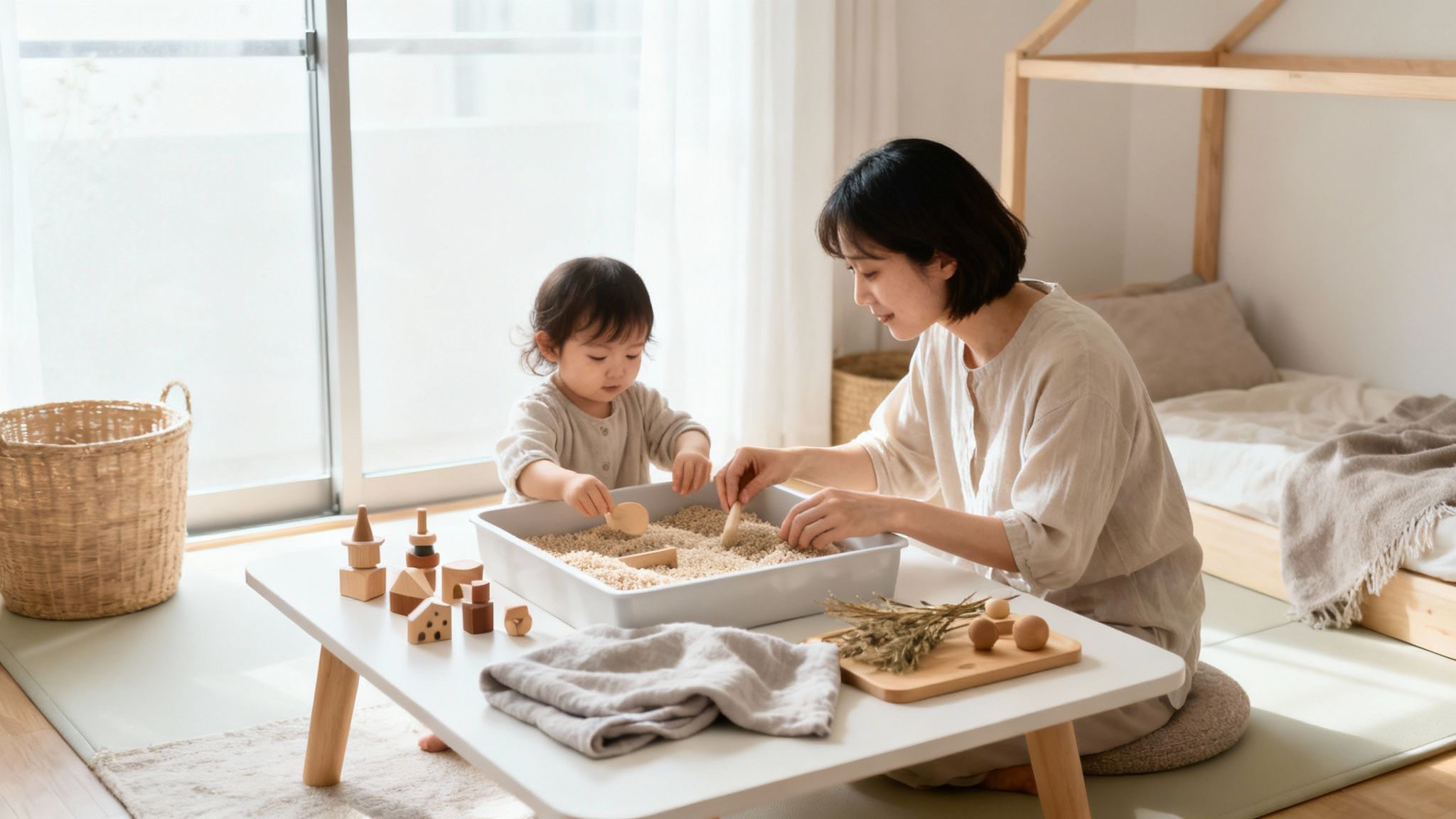 A mother and toddler enjoy sensory play with a bin of rice and wooden scoops.