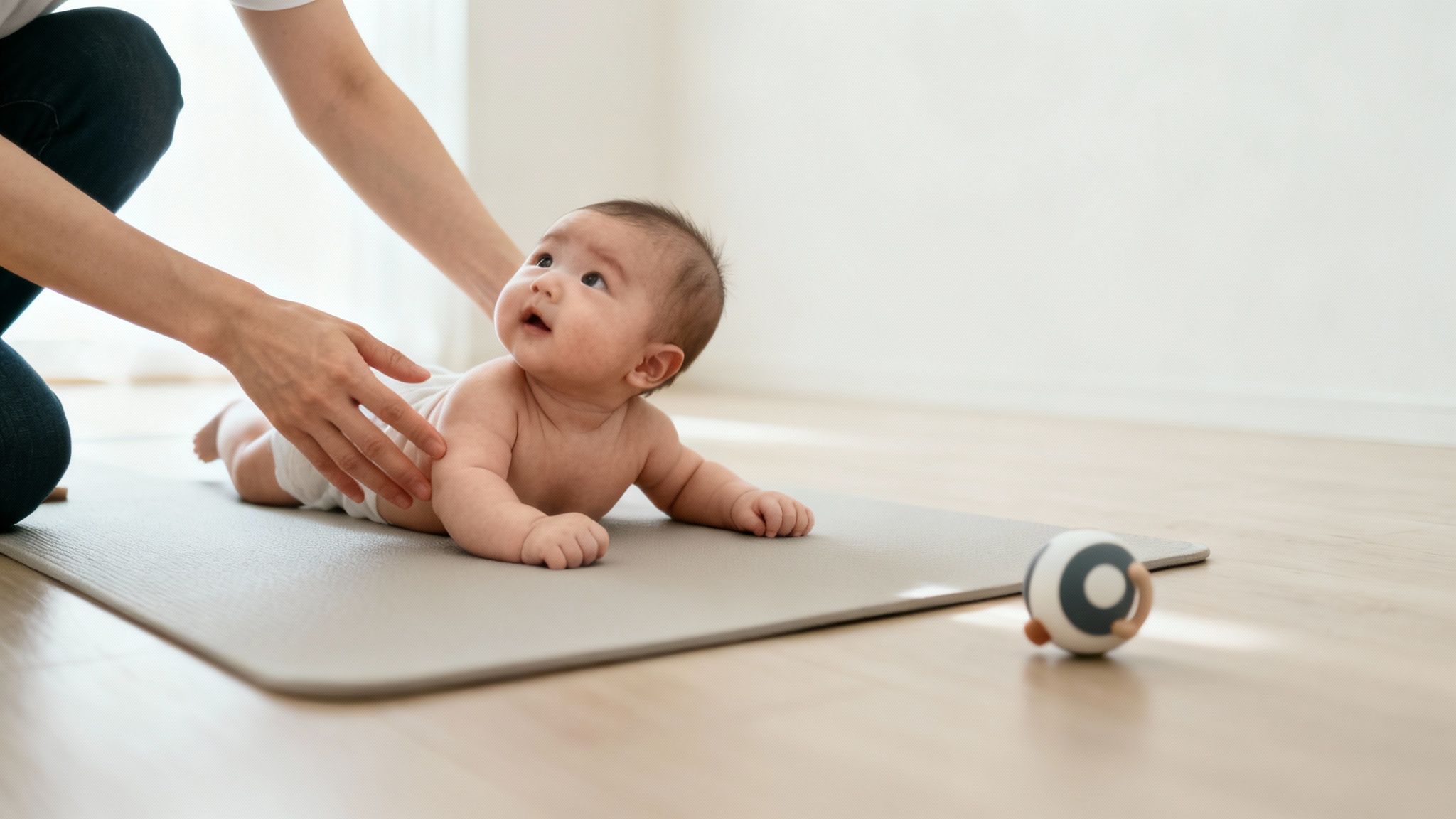 An adult's hands gently support a baby lying on a mat during tummy time.