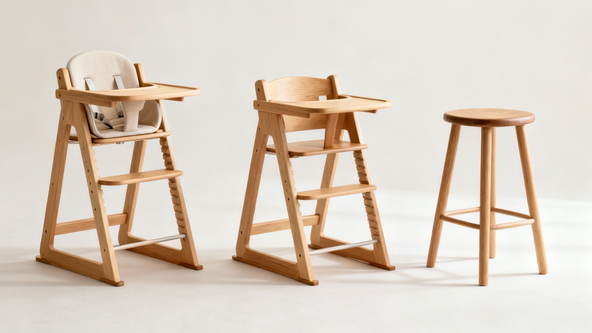 Two versatile wooden high chairs and a matching stool in various configurations, ideal for kids.