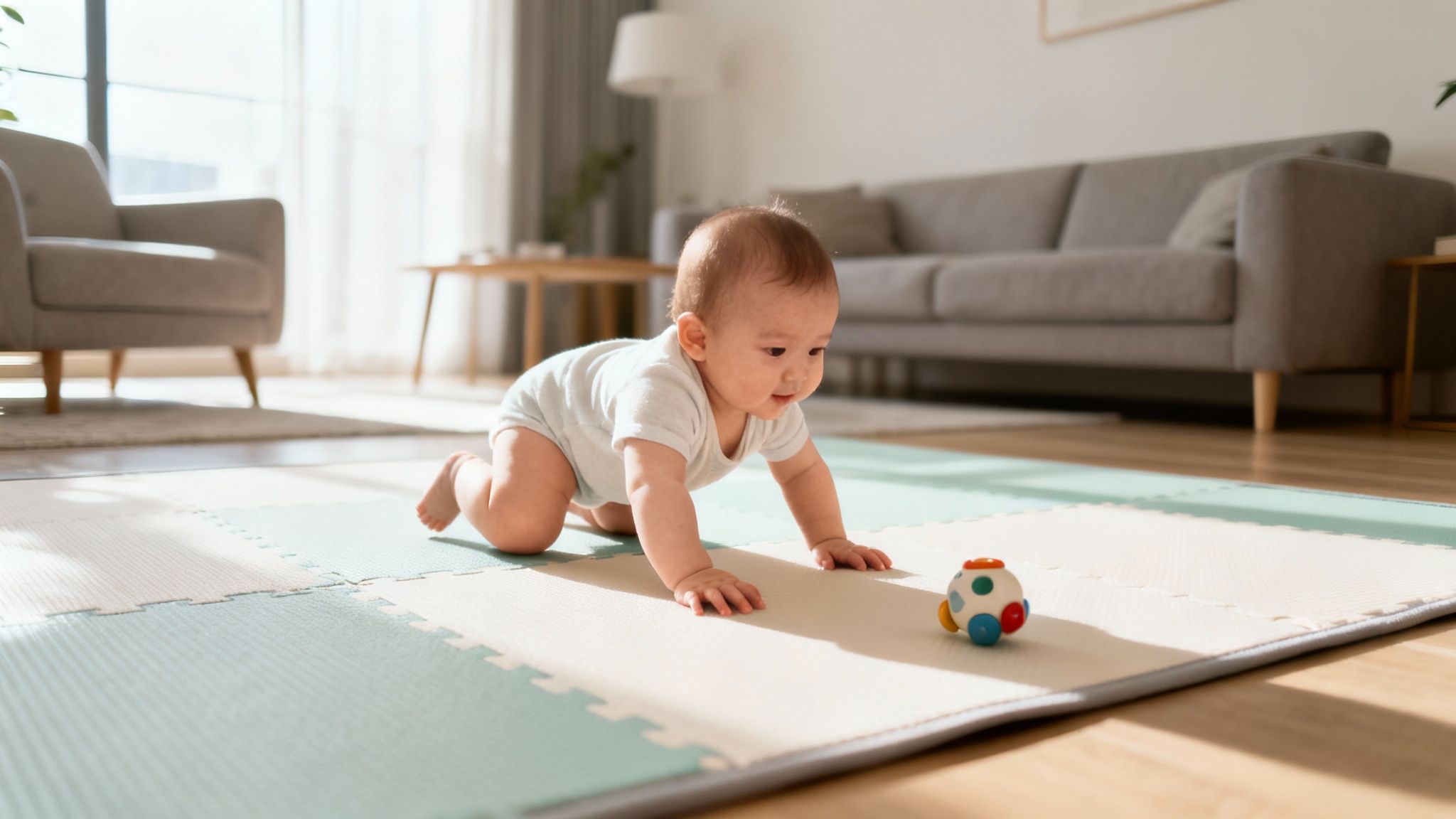 A happy baby in a white onesie crawls on a mint and white playmat towards a colorful toy in a bright living room.