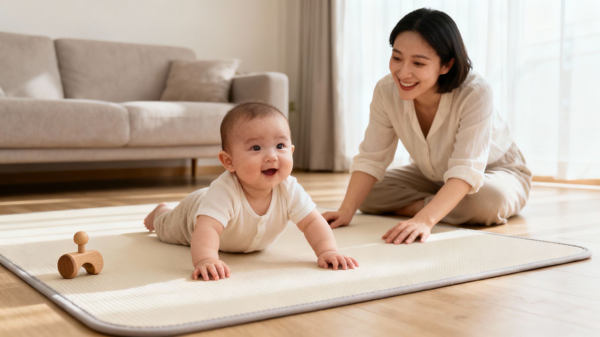 A stylish, modern nursery with a baby playing on a linen play mat.