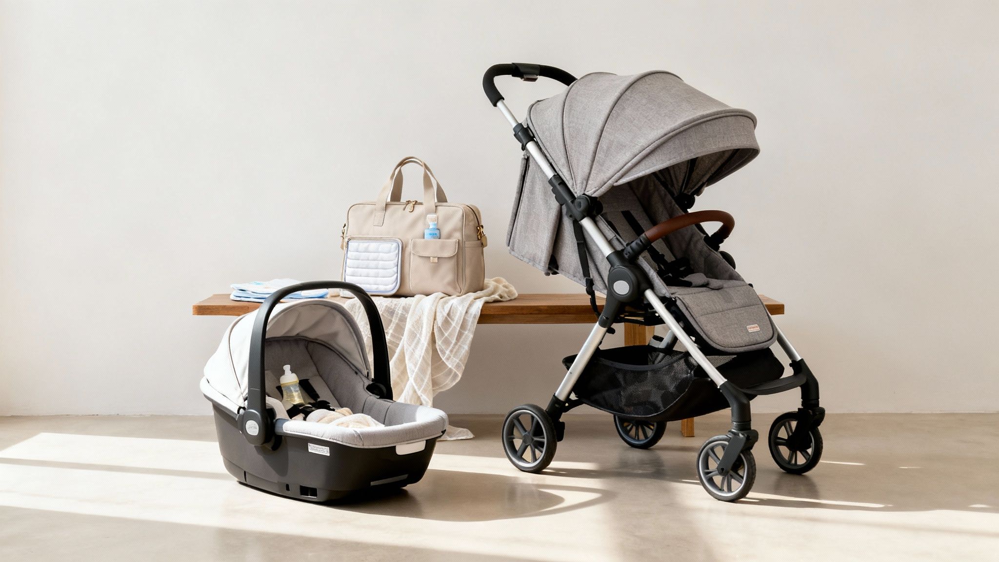 A neutral-toned collection of baby registry items, including a stroller, car seat, and diaper bag.
