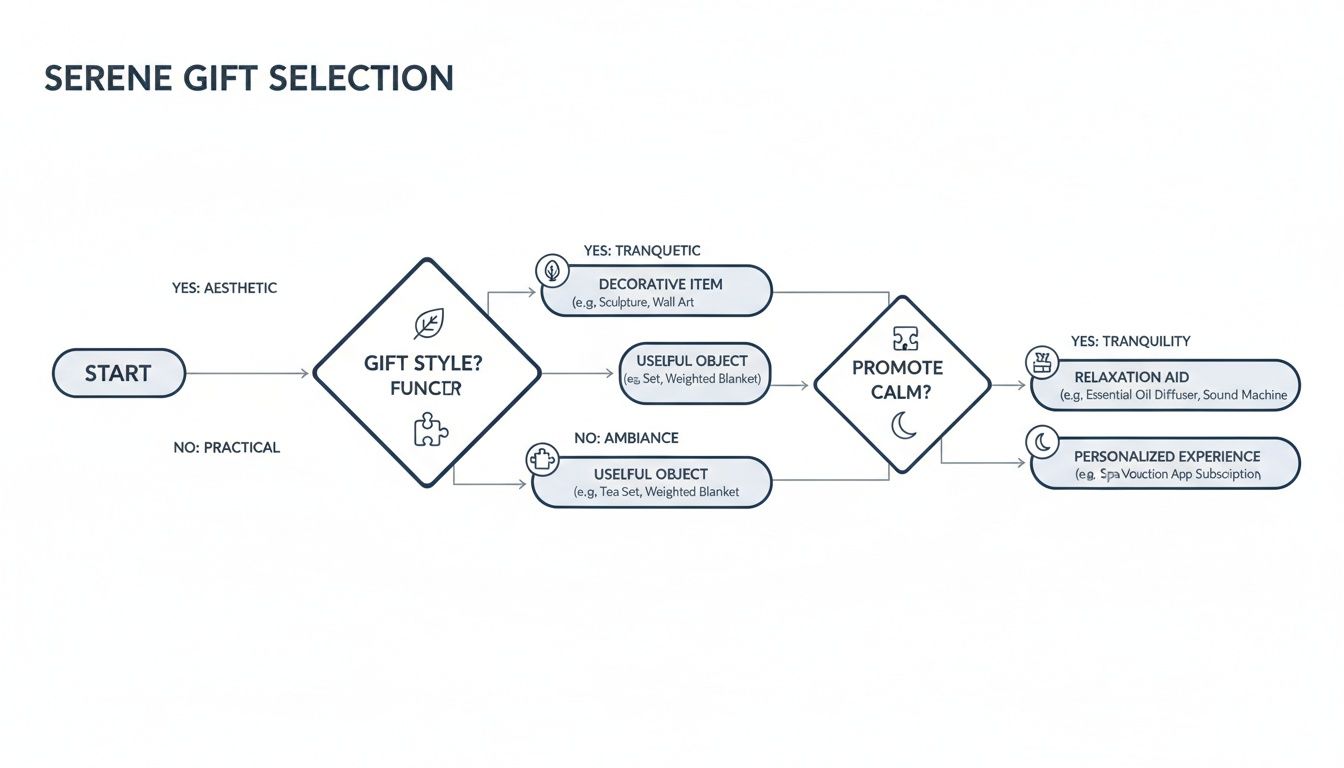 A serene gift selection flowchart guiding choices based on aesthetic, practical, and calming properties.