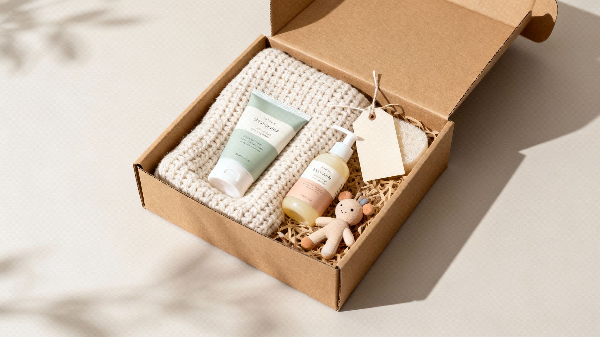 A curated gift set for a newborn, including a swaddle, a soft toy, and booties.