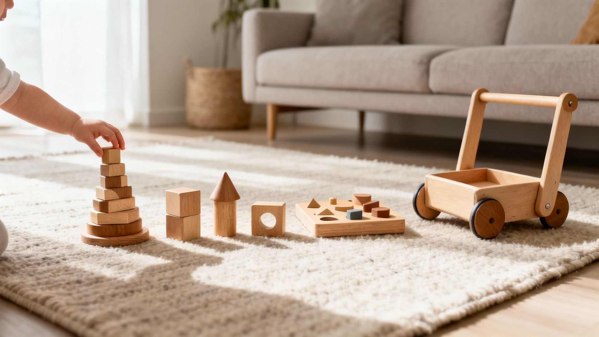 A baby's hand stacks wooden ring toys on a rug in a bright living room, surrounded by other wooden toys.