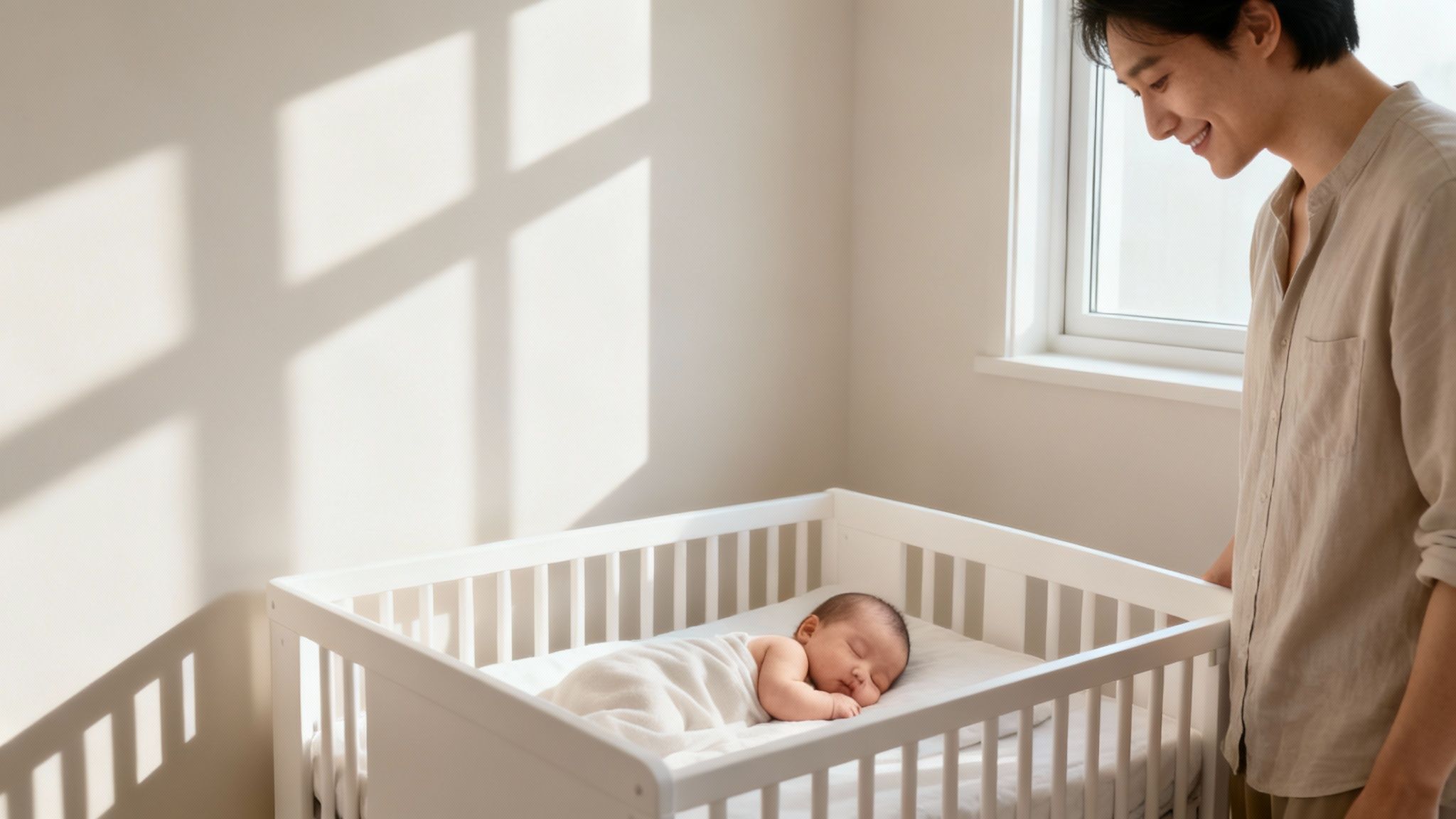 A happy father smiles while looking down at his newborn baby sleeping peacefully in a white crib.