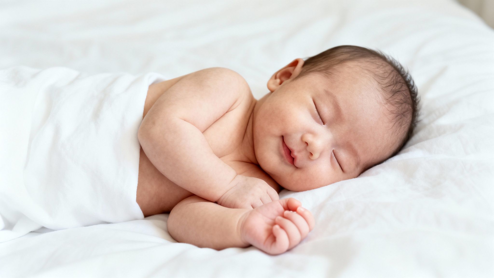 Adorable newborn baby sleeping soundly on a white blanket, gently smiling.